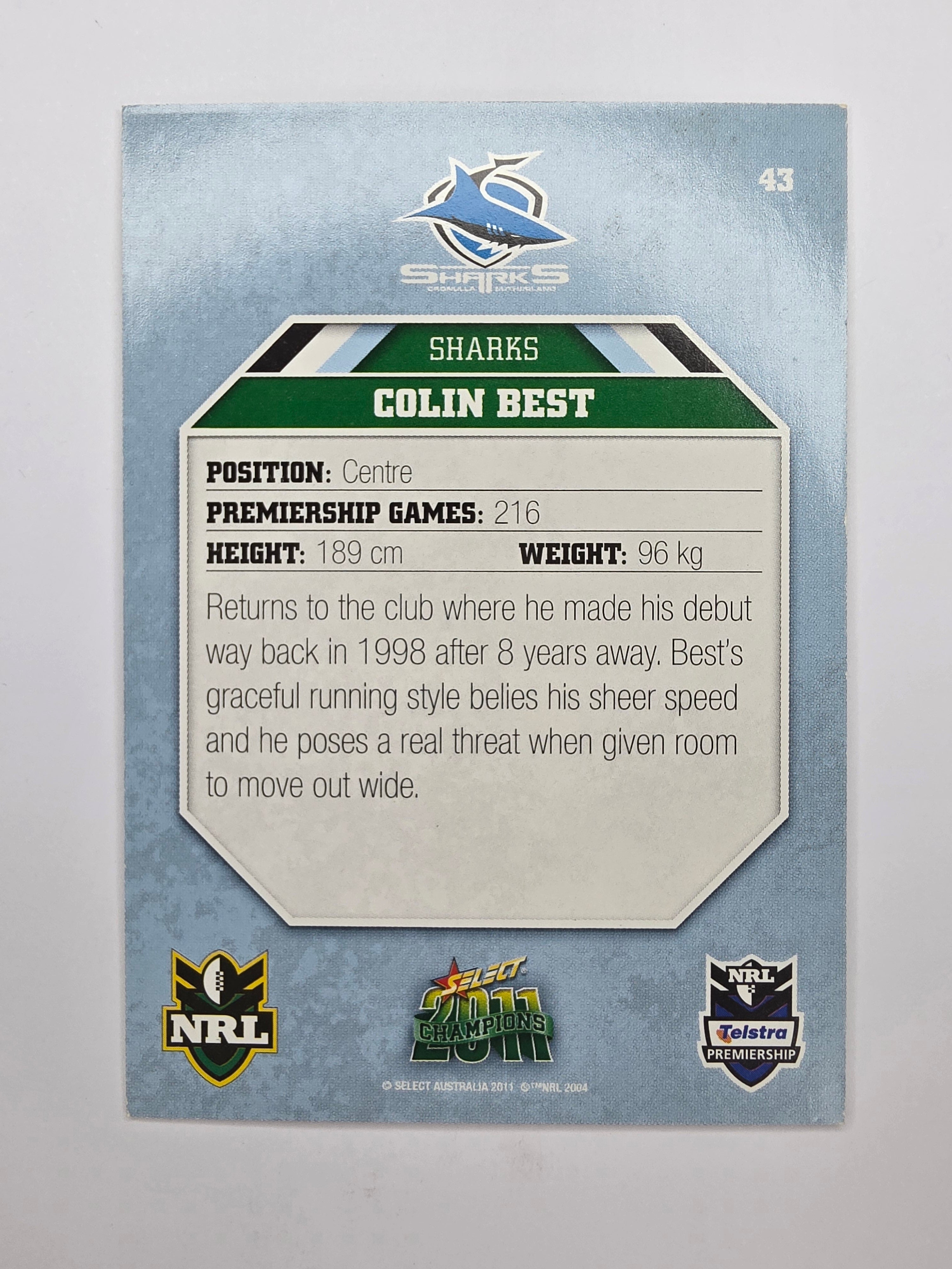 NRL 2011 Champions Base Card #43 Colin Best Cronulla Sutherland Sharks