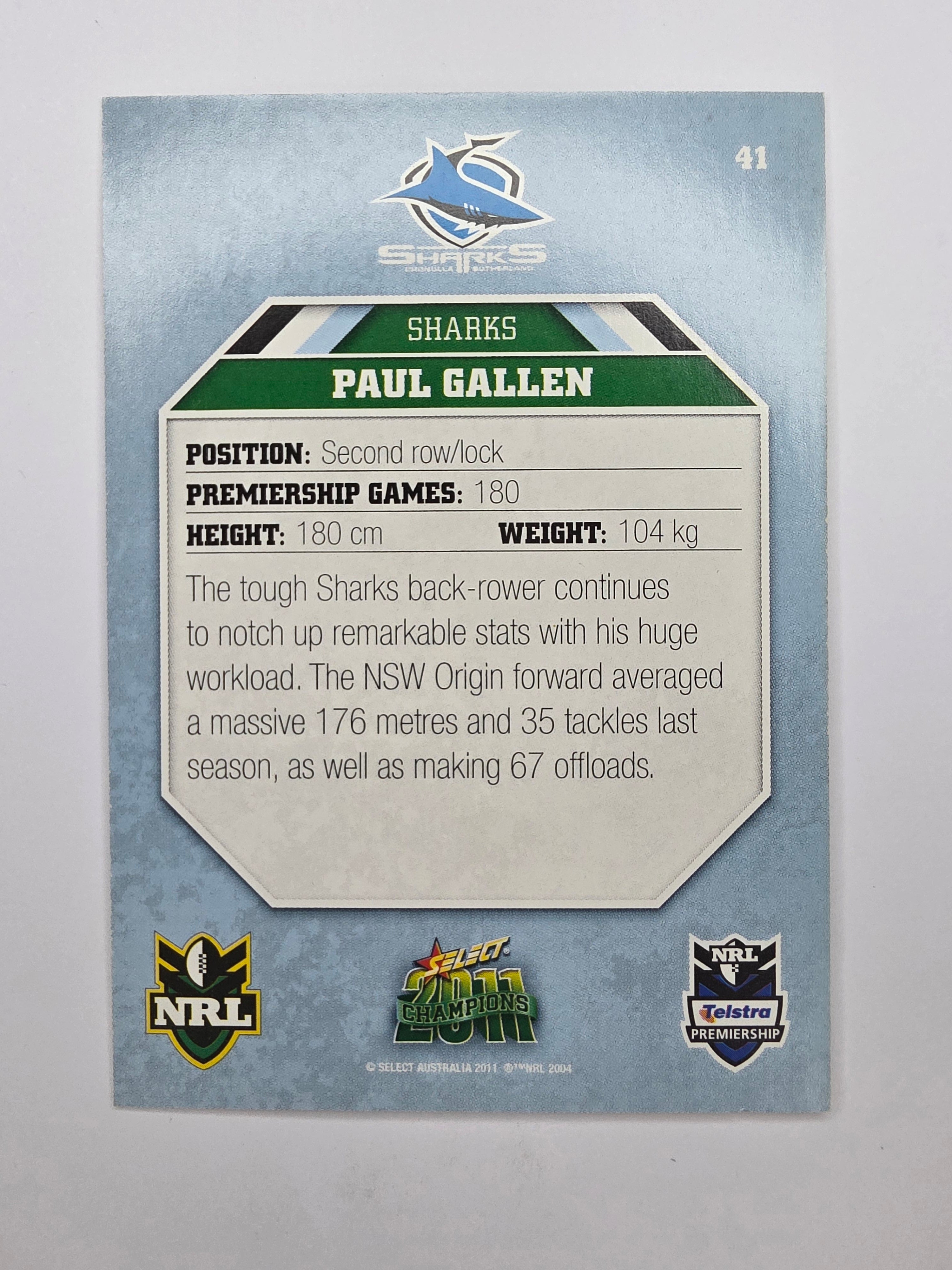 NRL 2011 Champions Base Card #41 Paul Gallen Cronulla Sutherland Sharks
