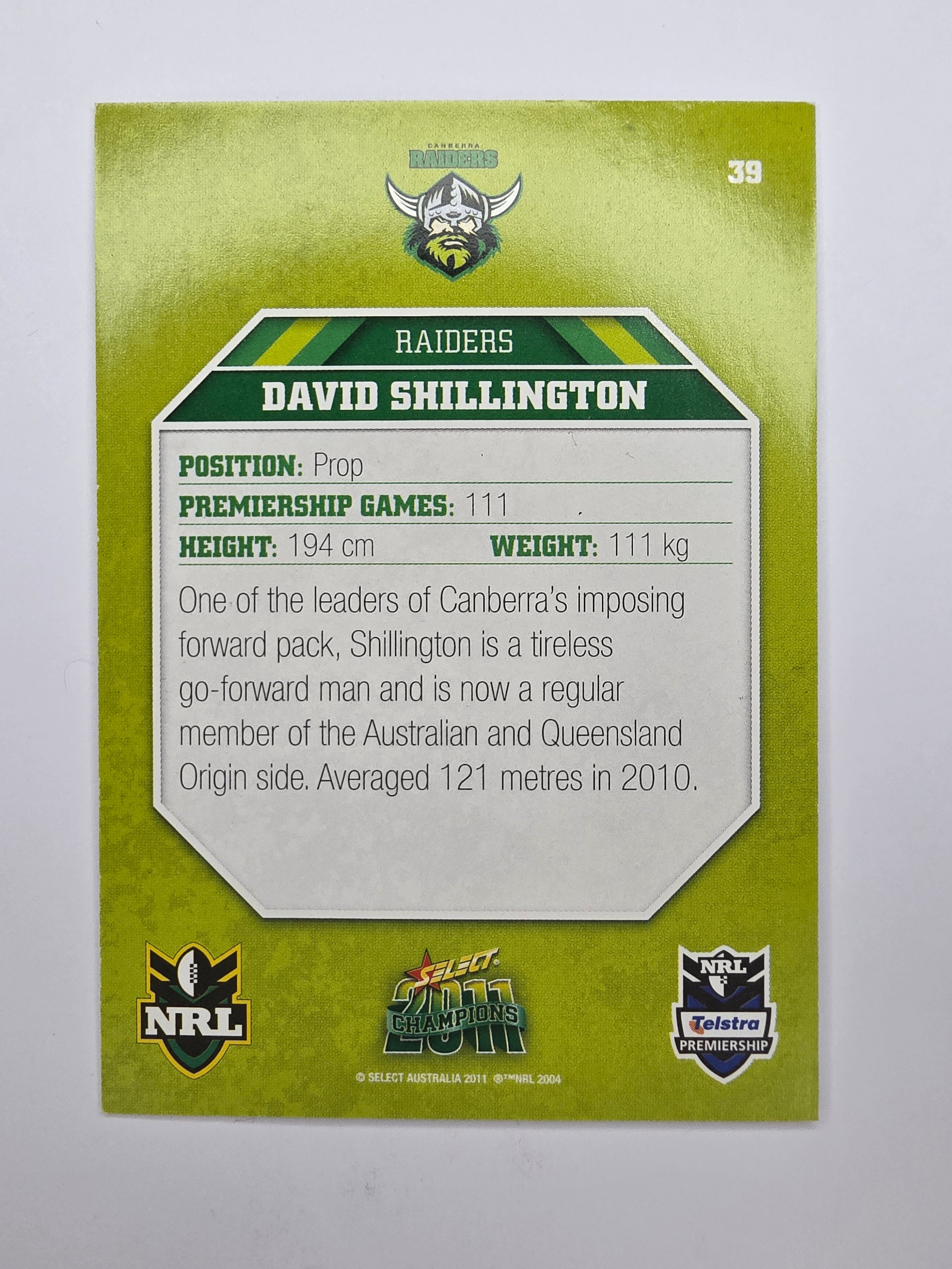 NRL 2011 Champions Base Card #39 David Shillington Canberra Raiders