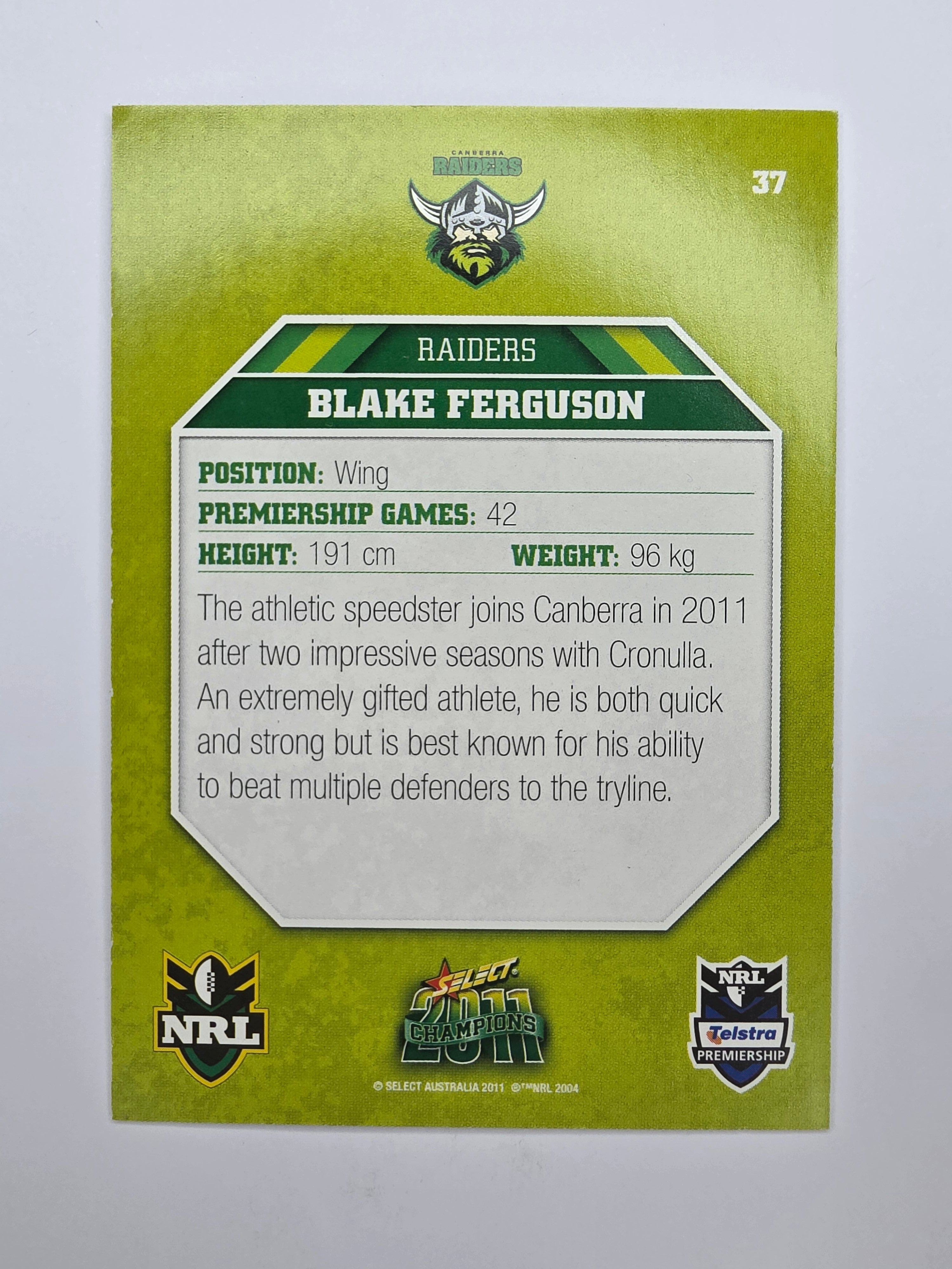 NRL 2011 Champions Base Card #37 Blake Ferguson Canberra Raiders