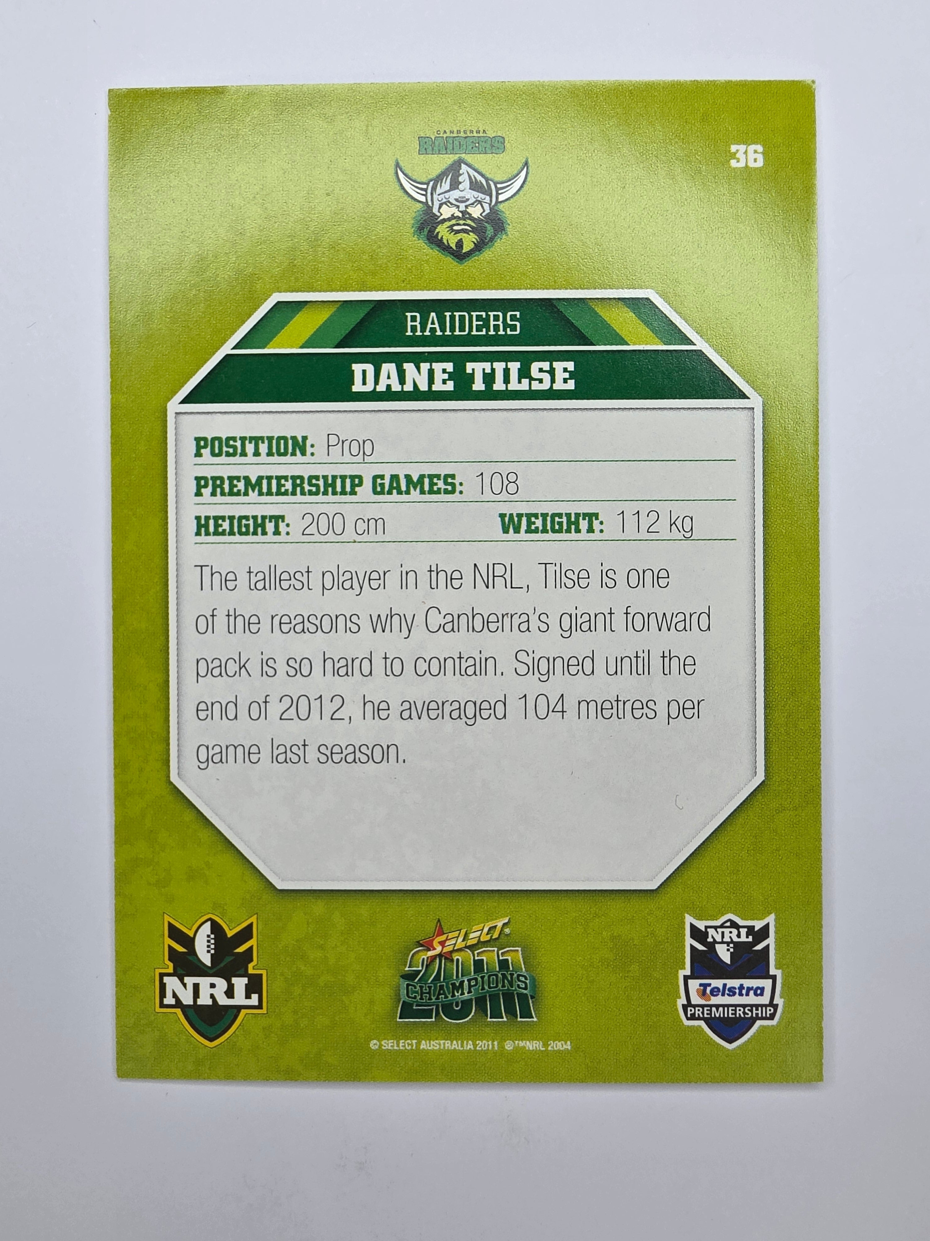 NRL 2011 Champions Base Card #36 Dane Tilse Canberra Raiders