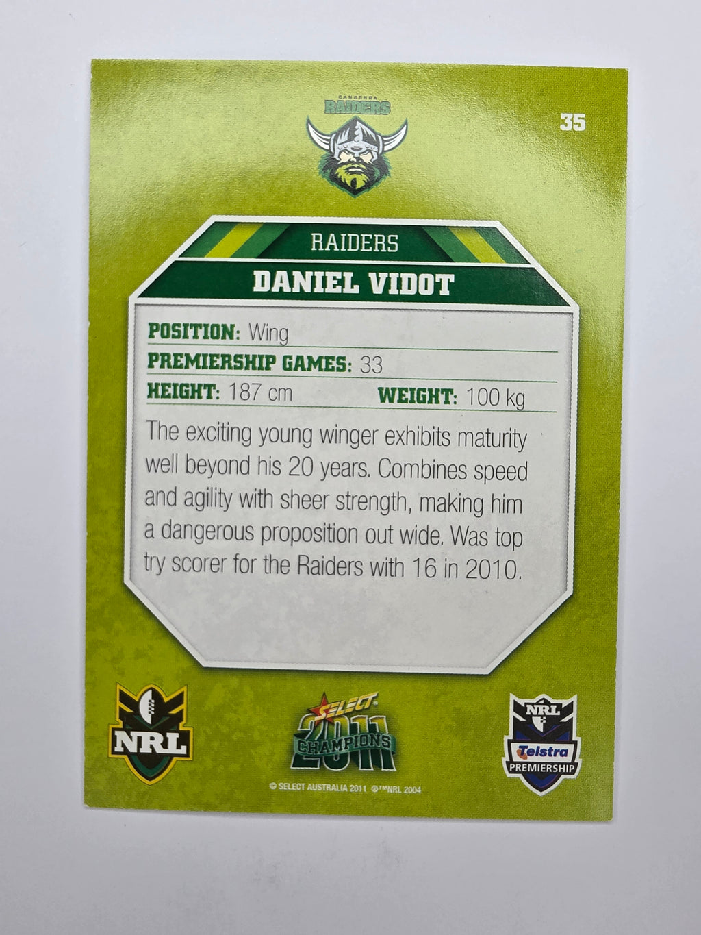 NRL 2011 Champions Base Card #35 Daniel Vidot Canberra Raiders