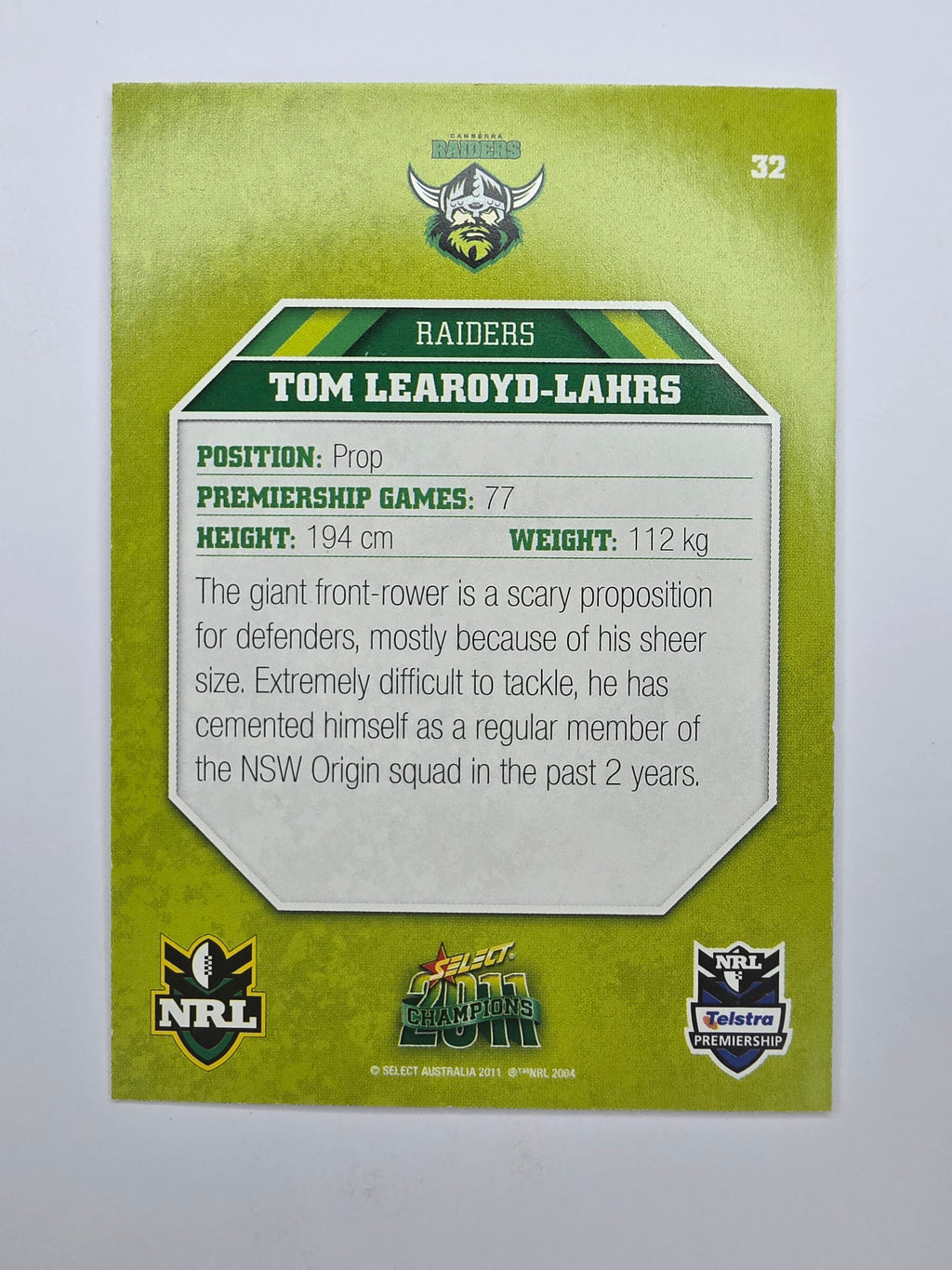 NRL 2011 Champions Base Card #32 Tom Learoyd-Lahrs Canberra Raiders