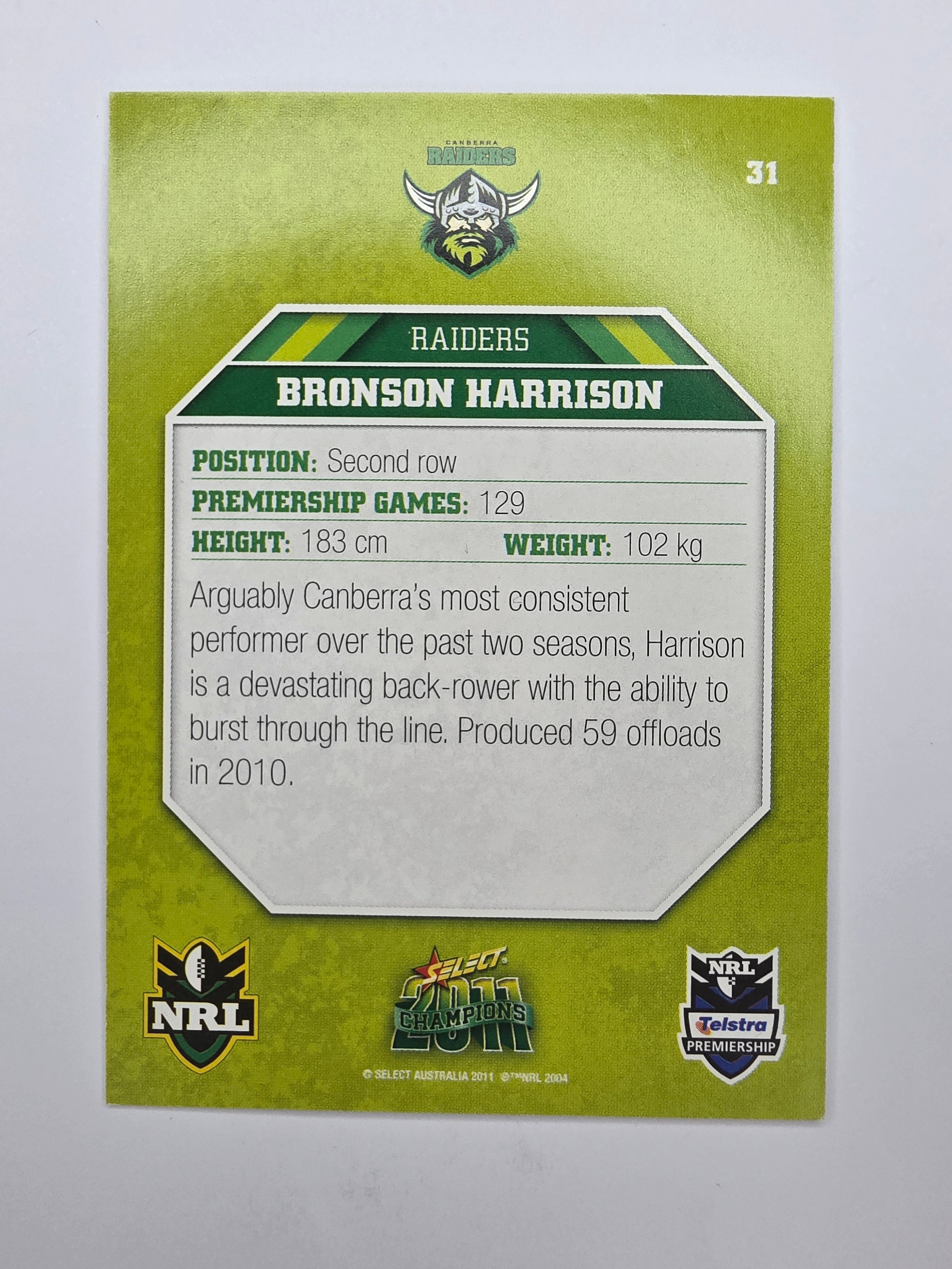 NRL 2011 Champions Base Card #31 Bronson Harrison Canberra Raiders