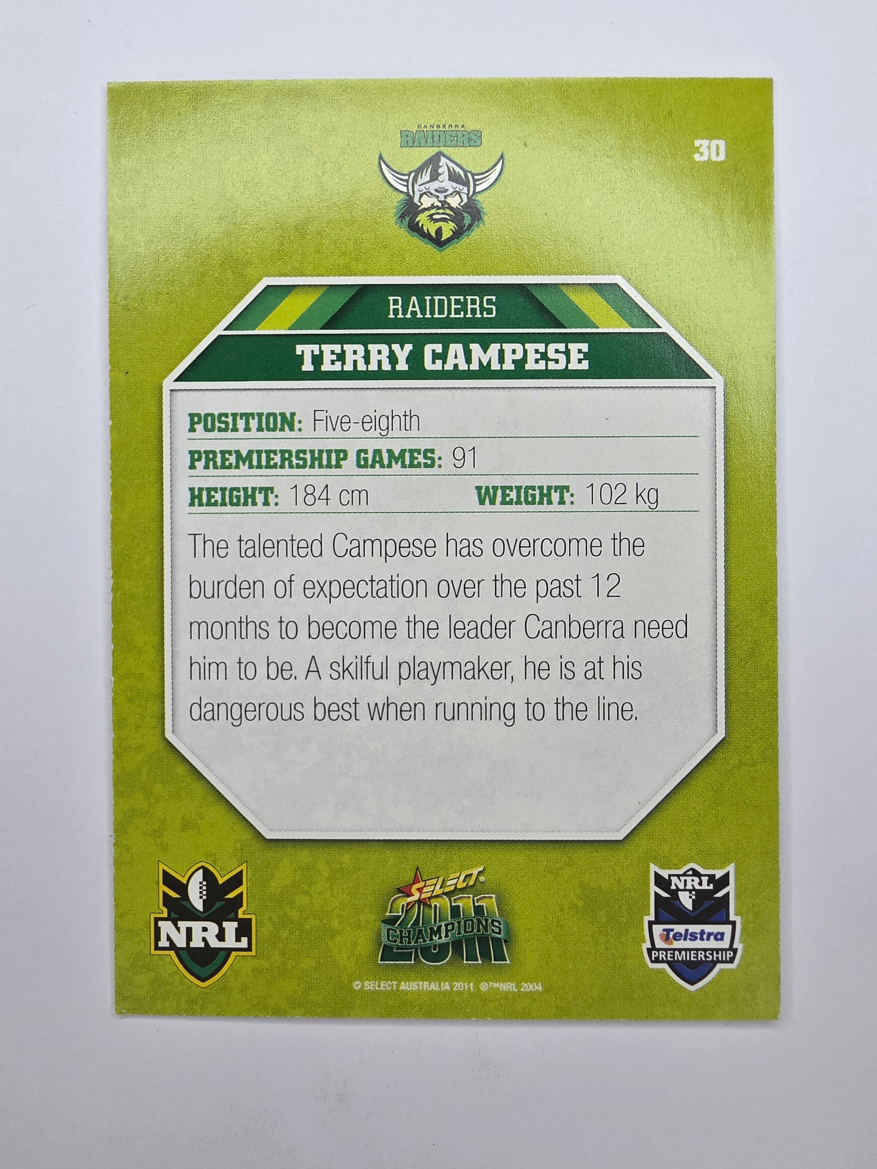 NRL 2011 Champions Base Card #30 Terry Campese Canberra Raiders