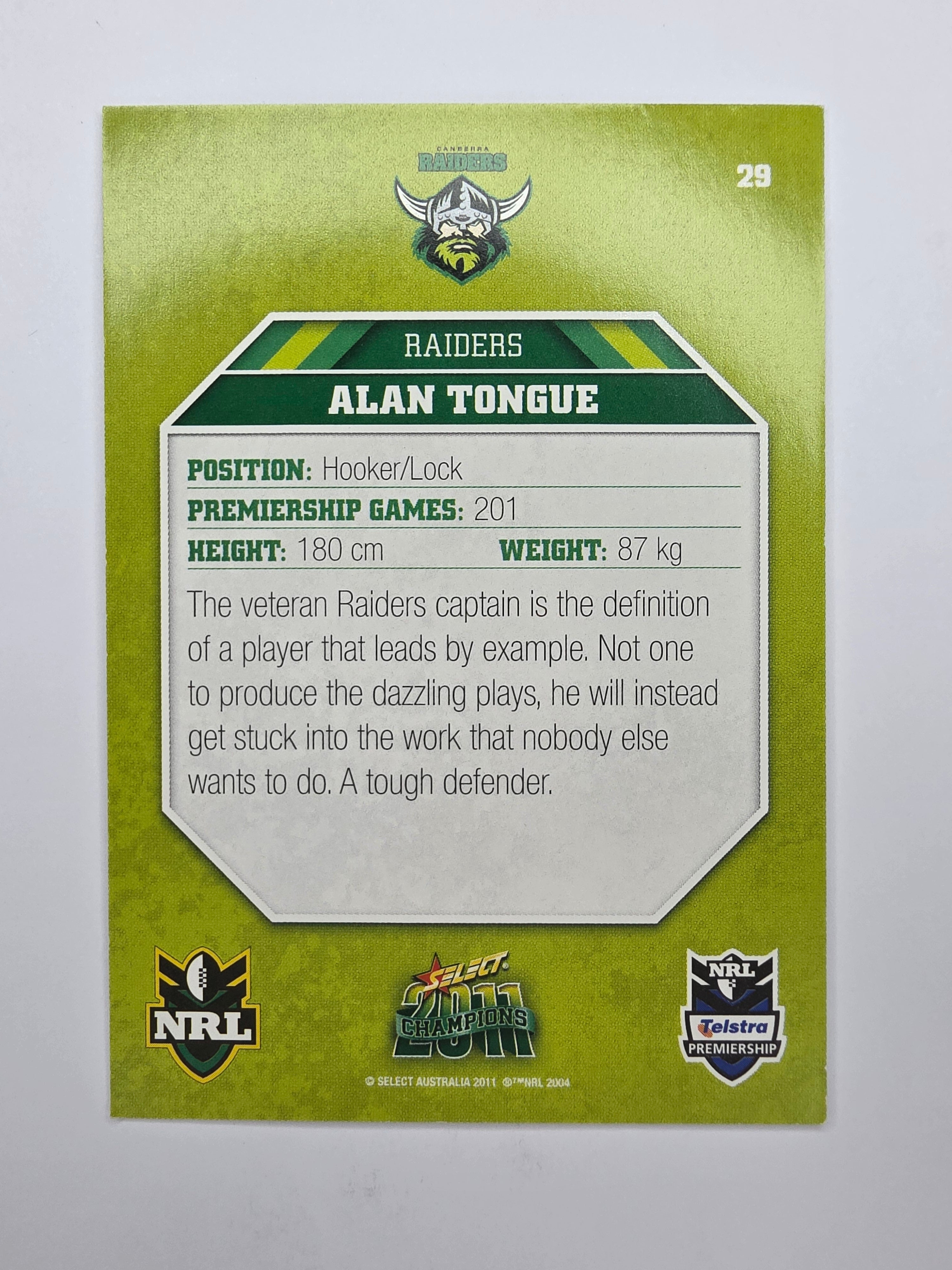NRL 2011 Champions Base Card #29 Alan Tongue Canberra Raiders