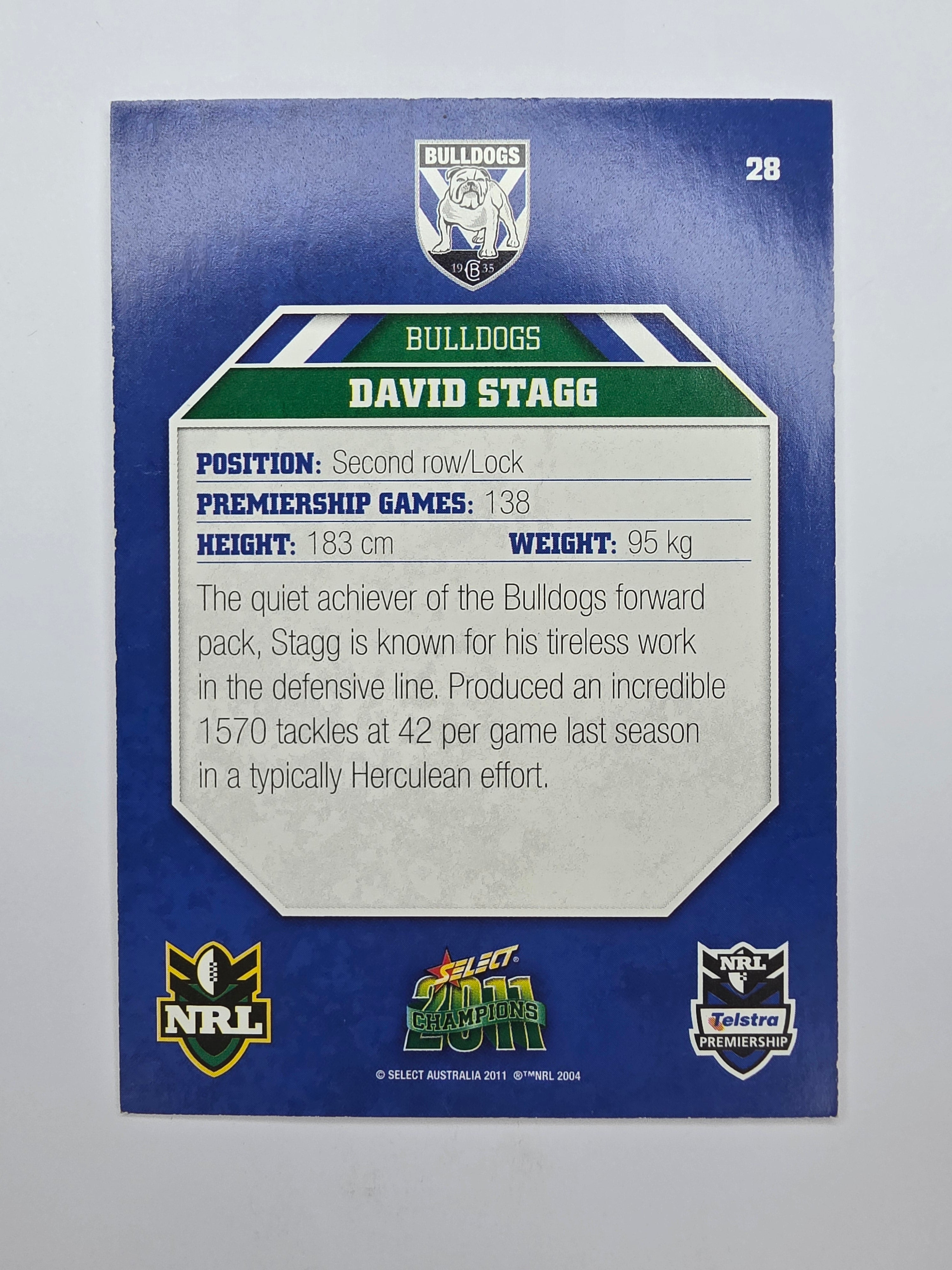 NRL 2011 Champions Base Card #28 David Stagg Canterbury Bankstown Bulldogs