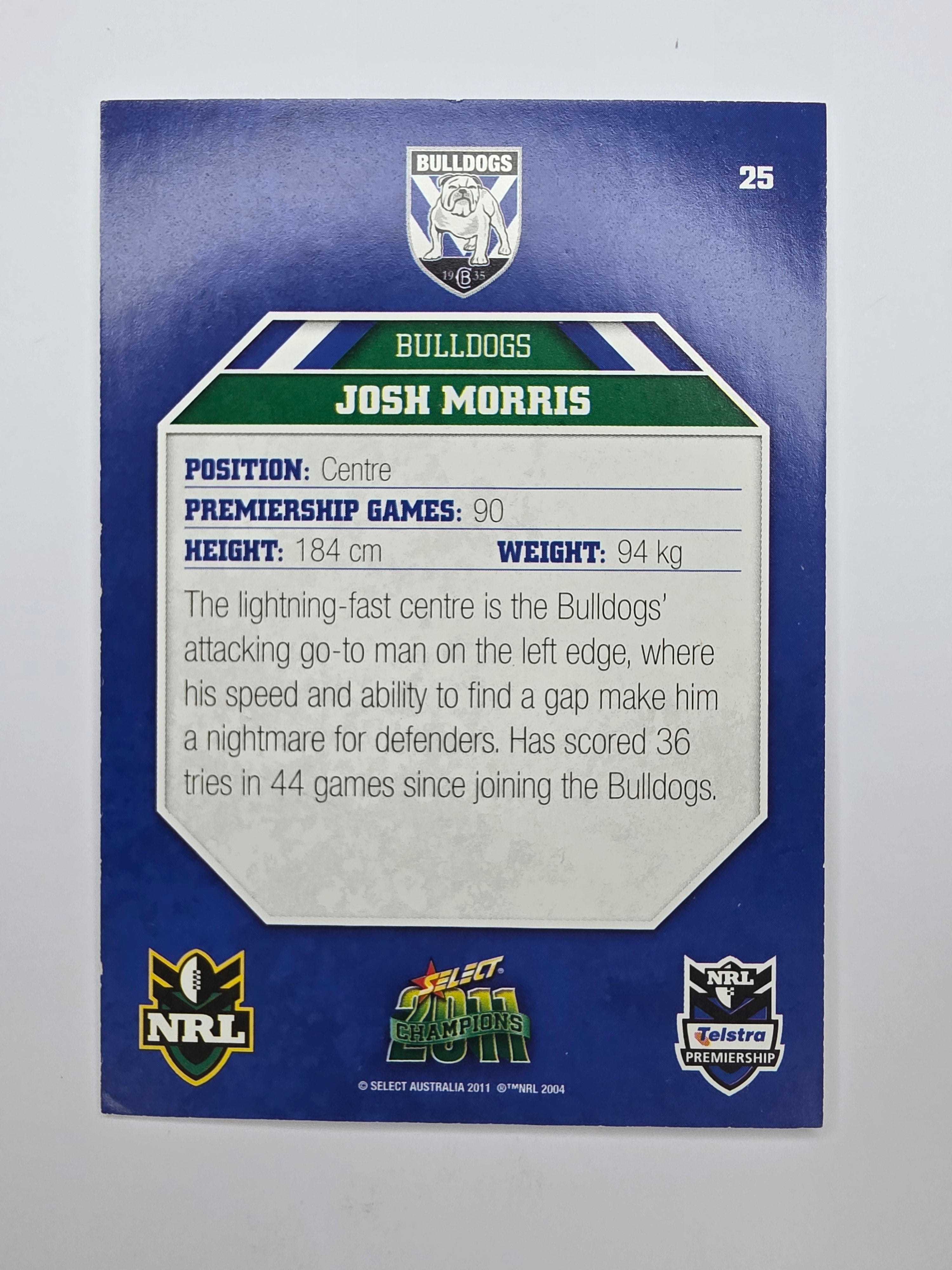 NRL 2011 Champions Base Card #25 Josh Morris Canterbury Bankstown Bulldogs