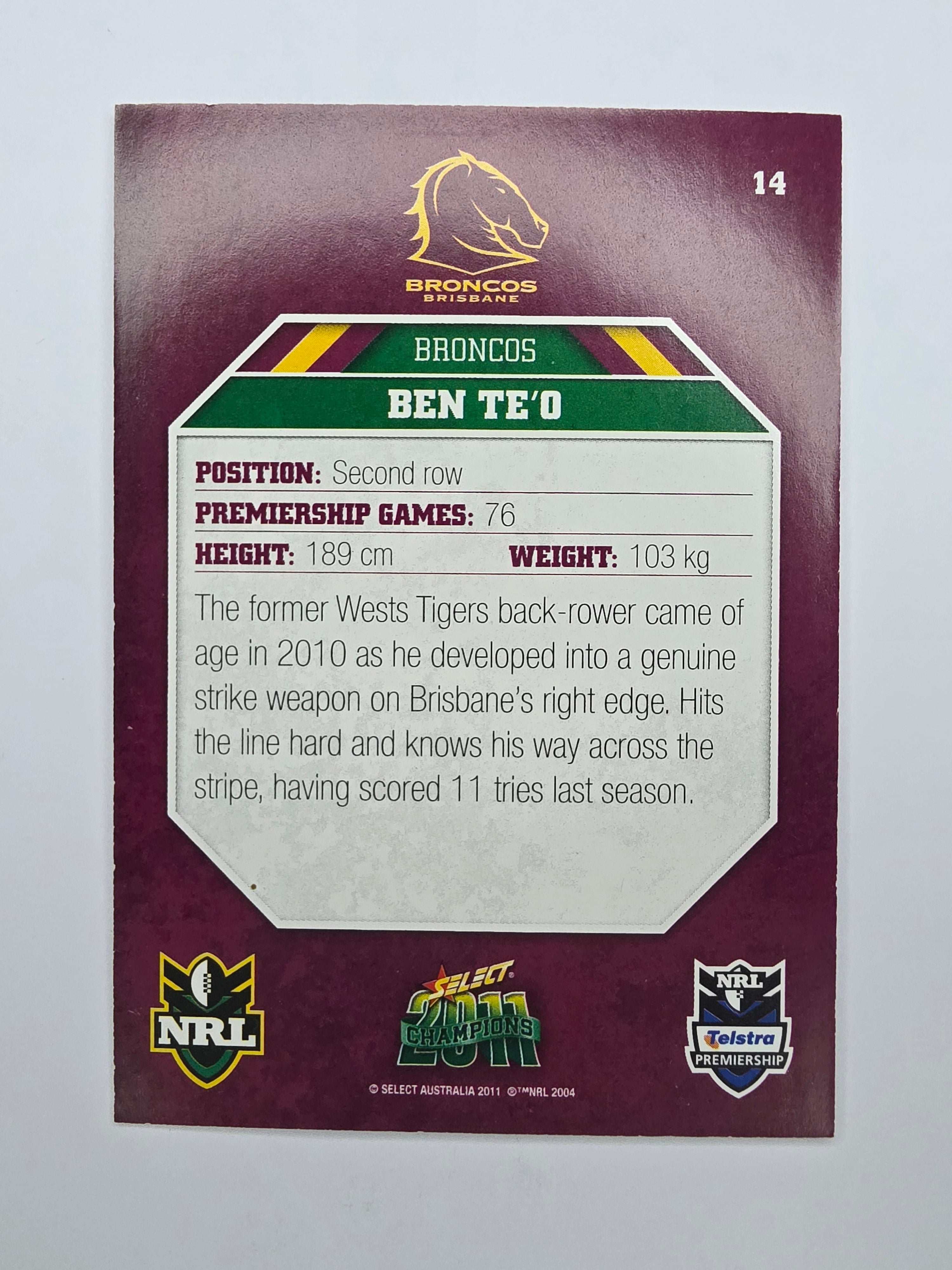 NRL 2011 Champions Base Card #14 Ben Te’o Brisbane Broncos