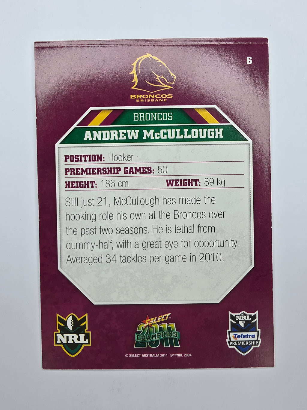 NRL 2011 Champions Base Card #6 Andrew McCullough Brisbane Broncos