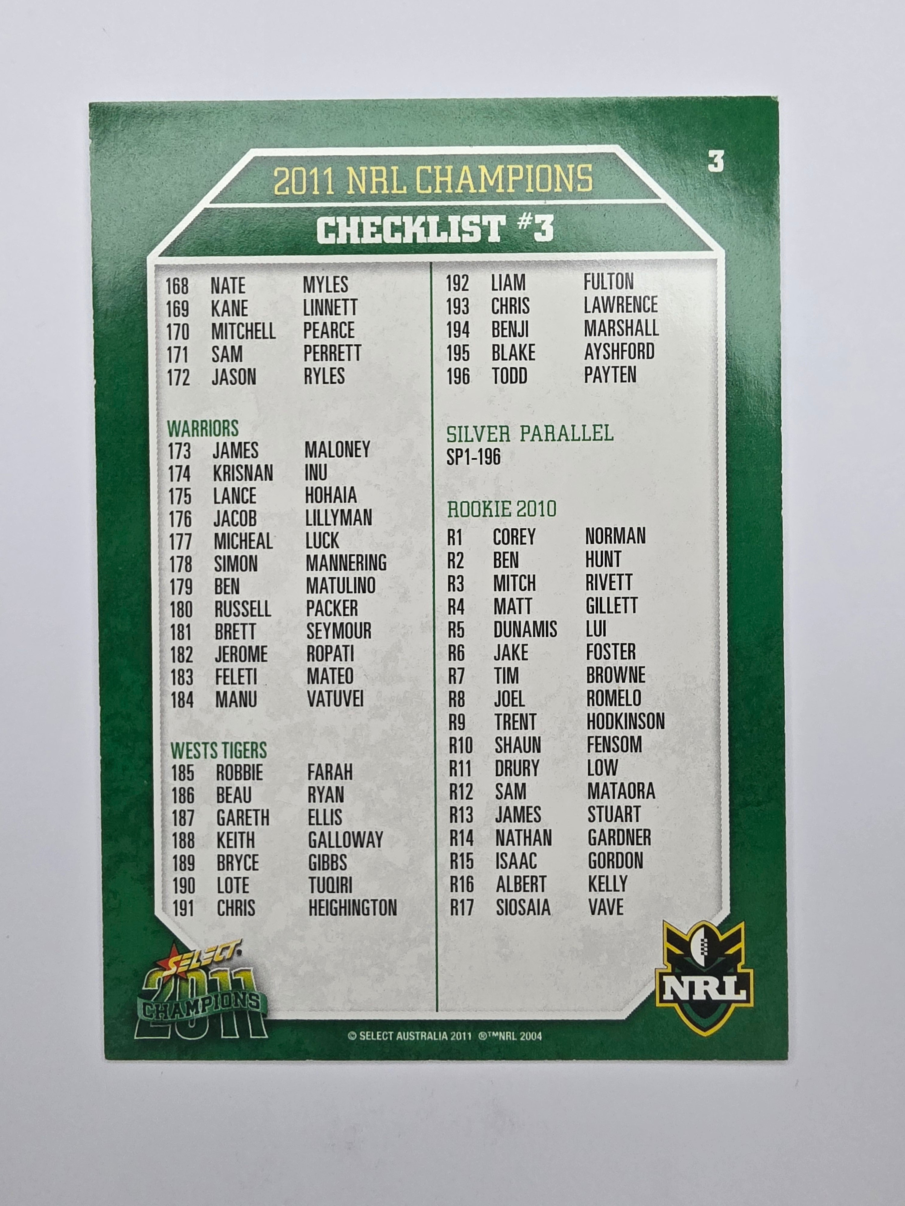 NRL 2011 Champions Base Card #3 Checklist #3