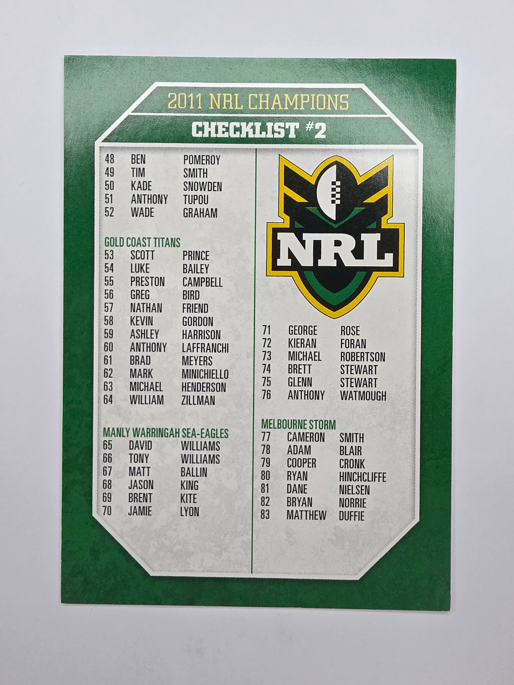 NRL 2011 Champions Base Card #2 Checklist #2