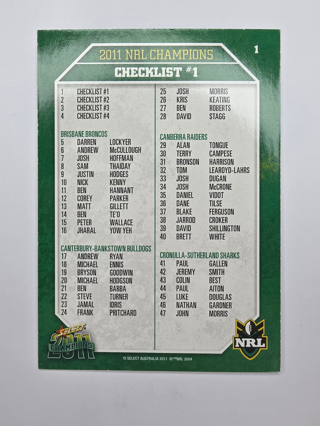 NRL 2011 Champions Base Card #1 Checklist #1