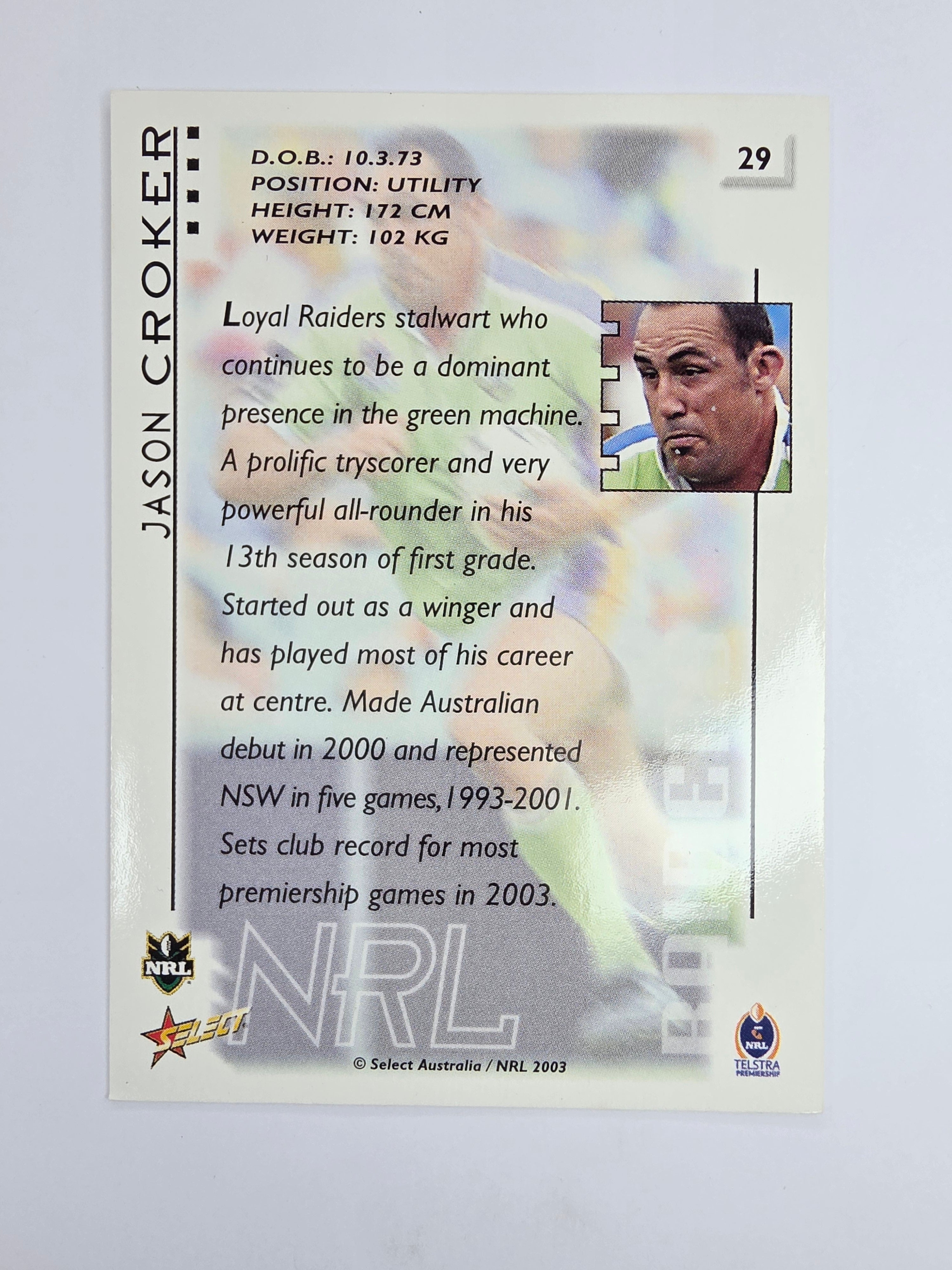 NRL 2003 Select XL Base Card #29 Jason Croker Canberra Raiders