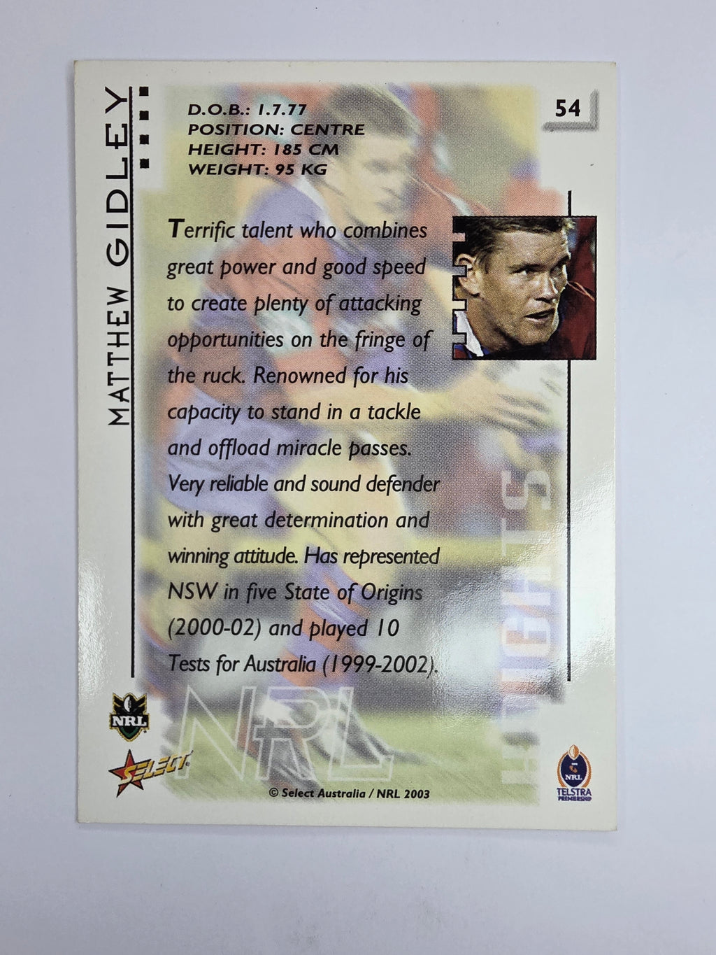 NRL 2003 Select XL Base Card #54 Matthew Gidley Newcastle Knights