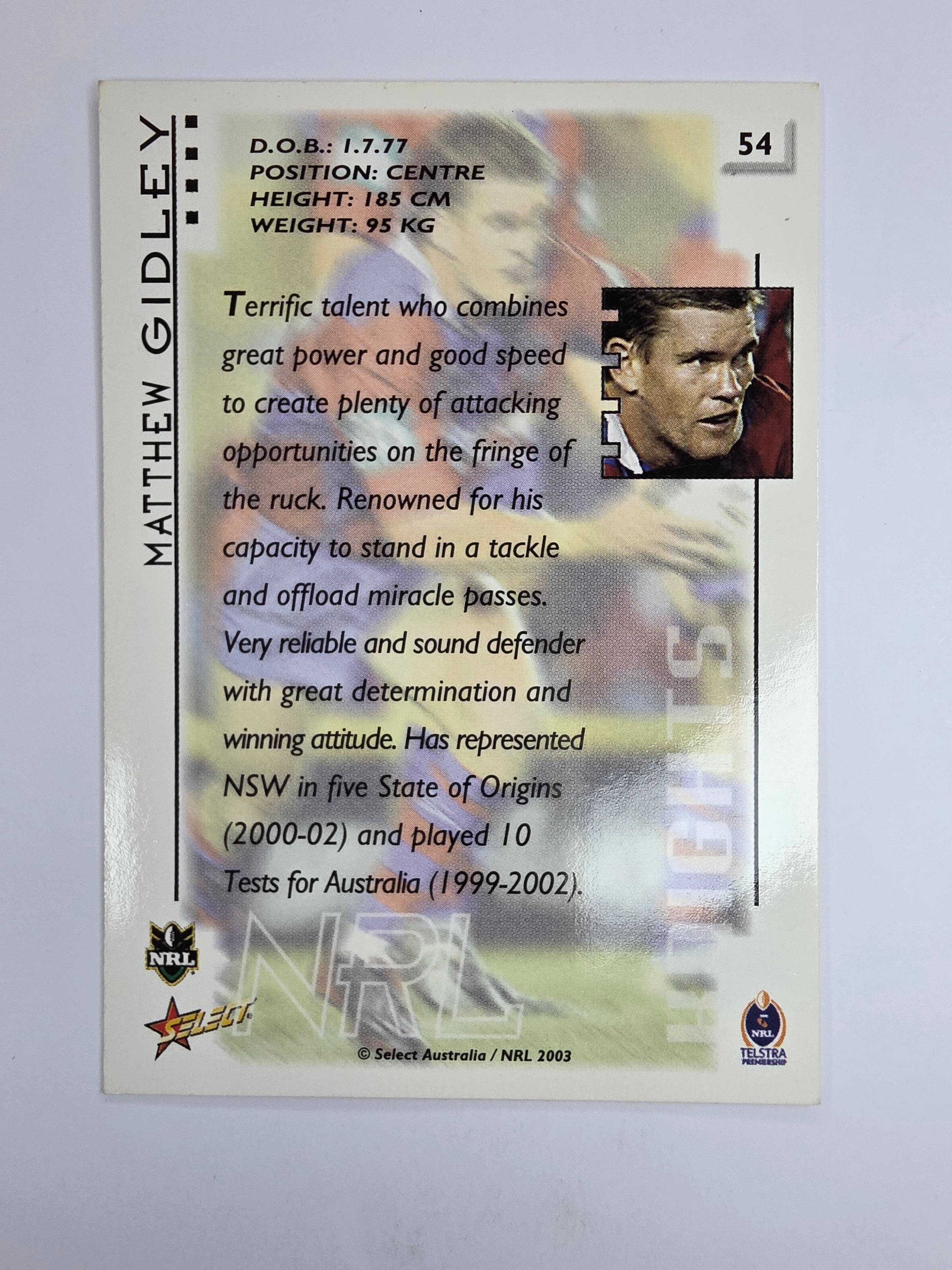 NRL 2003 Select XL Base Card #54 Matthew Gidley Newcastle Knights