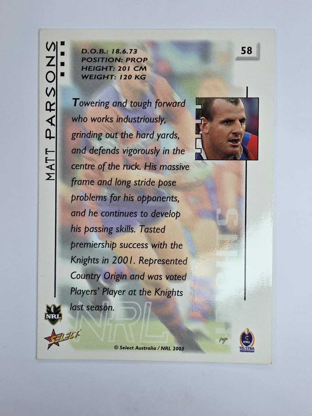 NRL 2003 Select XL Base Card #58 Matt Parsons Newcastle Knights