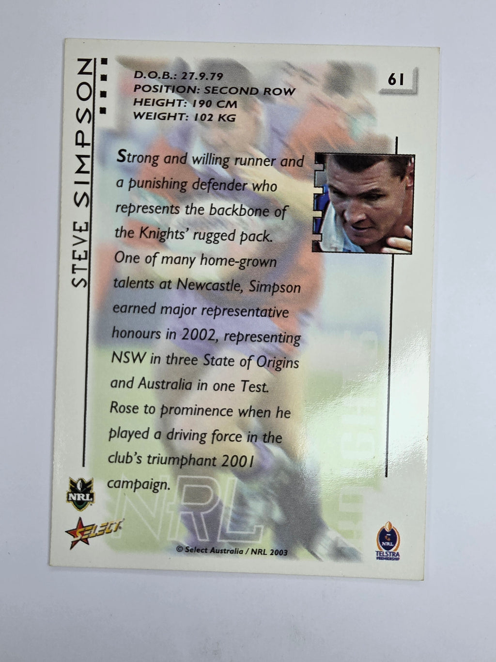 NRL 2003 Select XL Base Card #61 Steve Simpson Newcastle Knights
