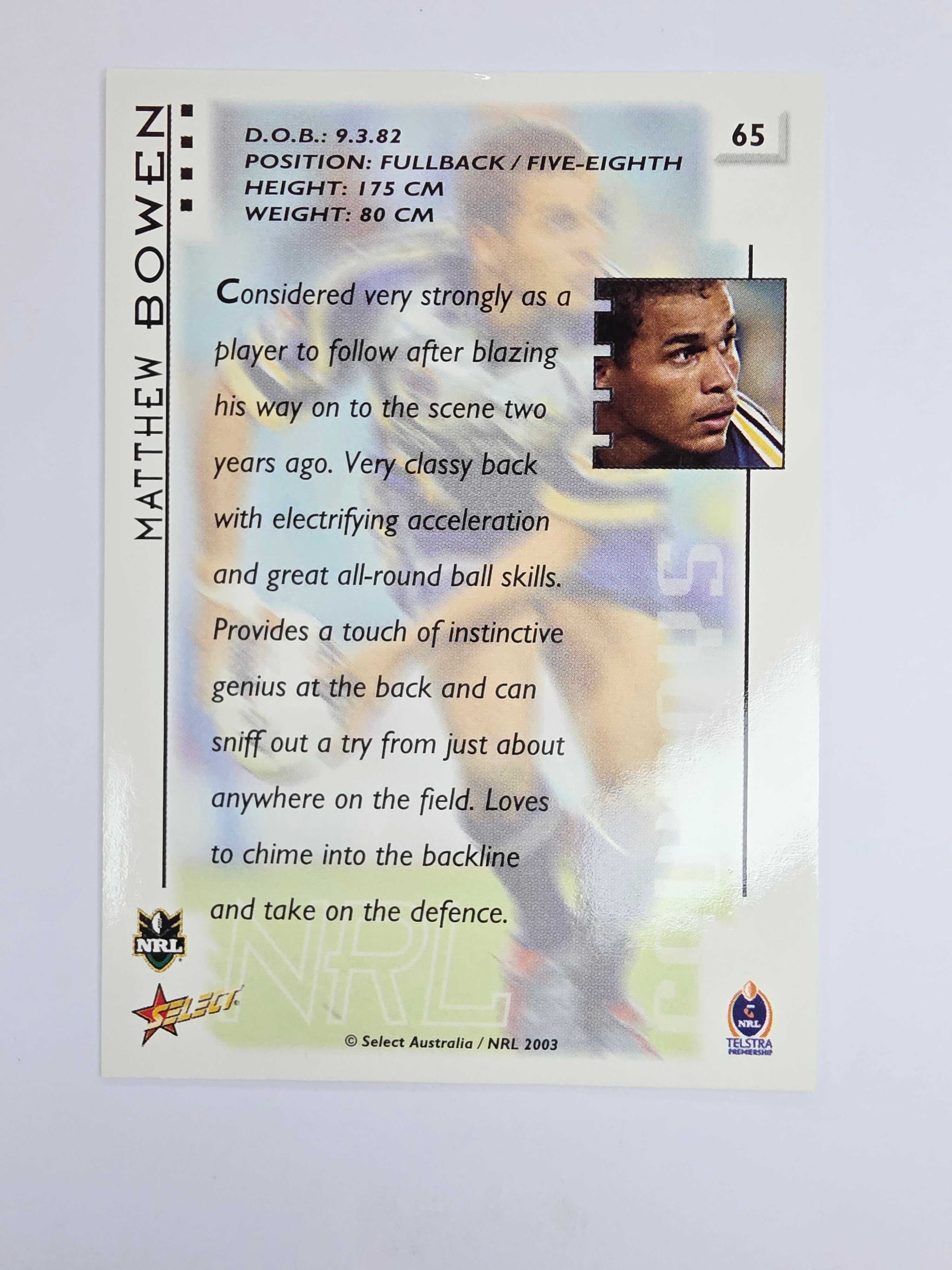 NRL 2003 Select XL Base Card #65 Matthew Bowen North Queensland Cowboys