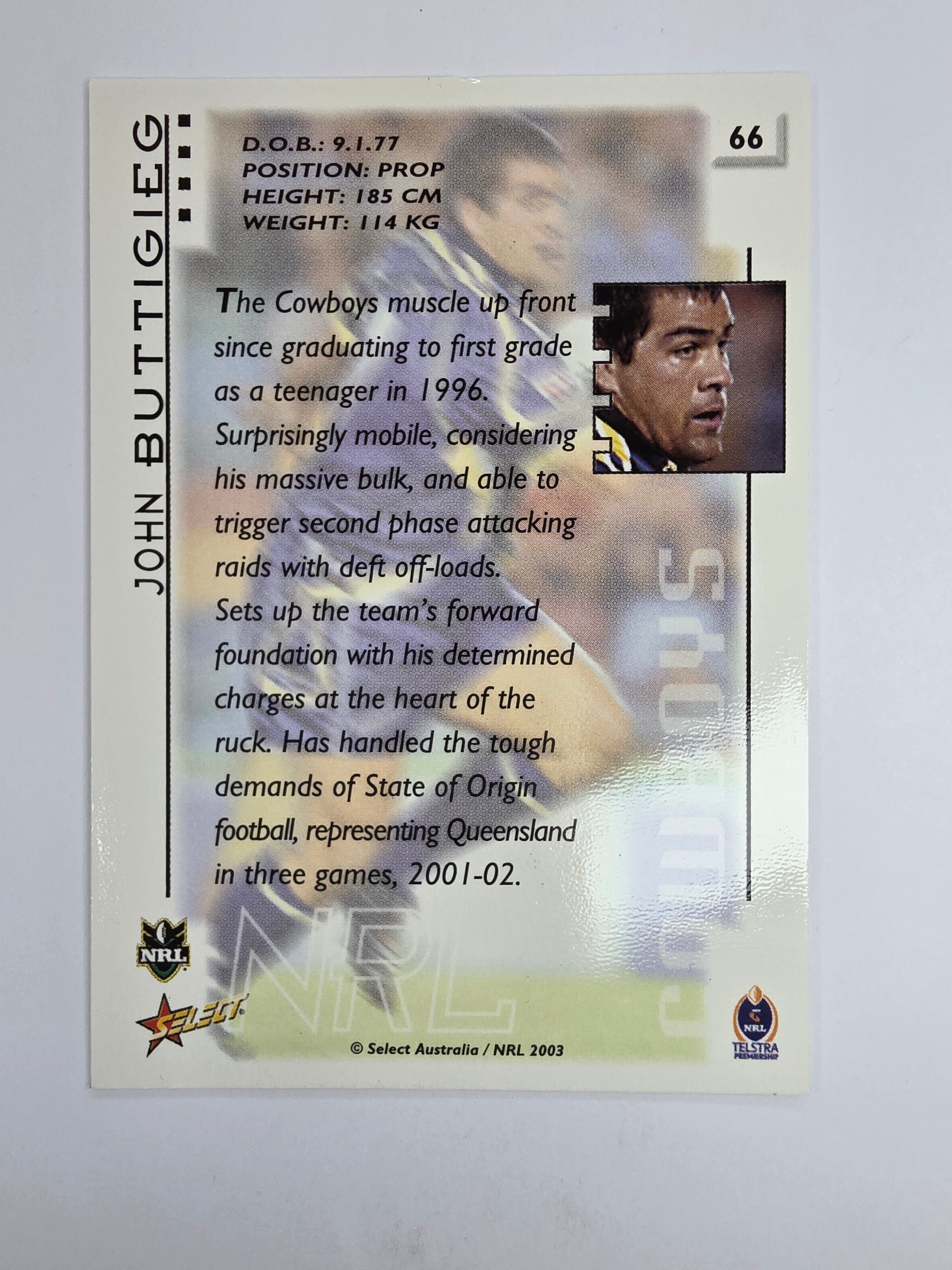 NRL 2003 Select XL Base Card #66 John Buttigieg North Queensland Cowboys