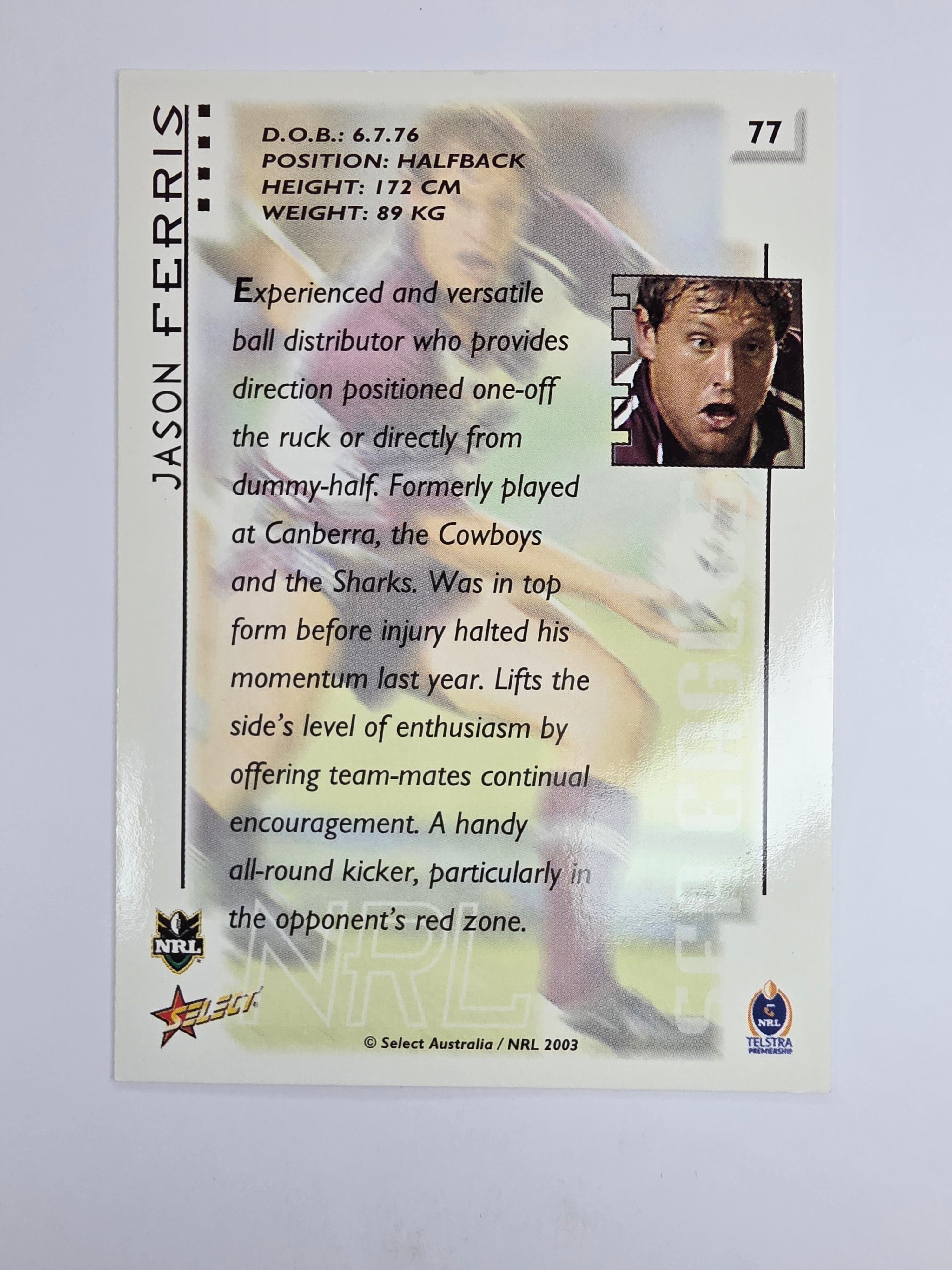 NRL 2003 Select XL Base Card #77 Jason Ferris Manly Warringah Sea Eagles