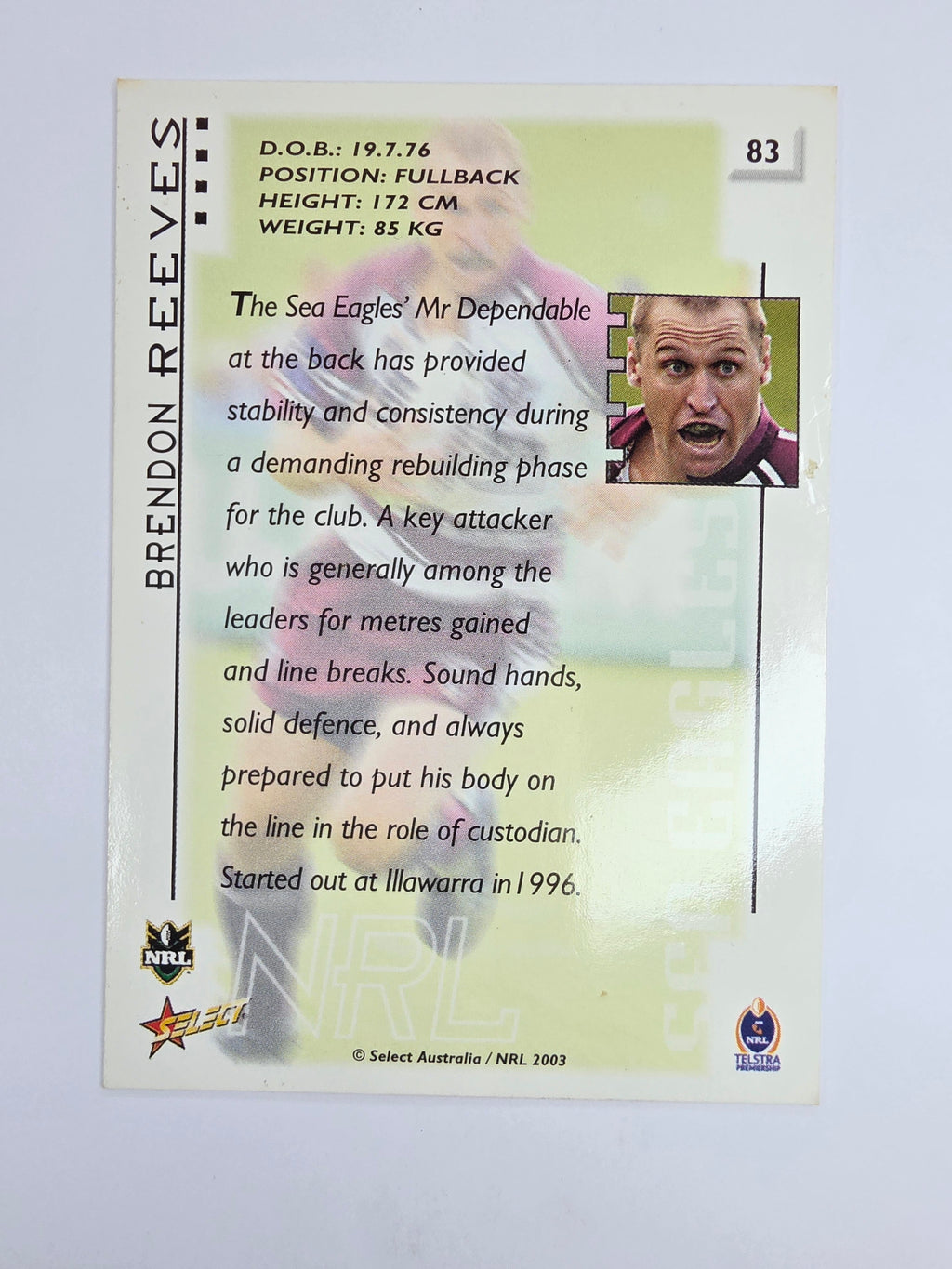 NRL 2003 Select XL Base Card #83 Brendon Reeves Manly Warringah Sea Eagles