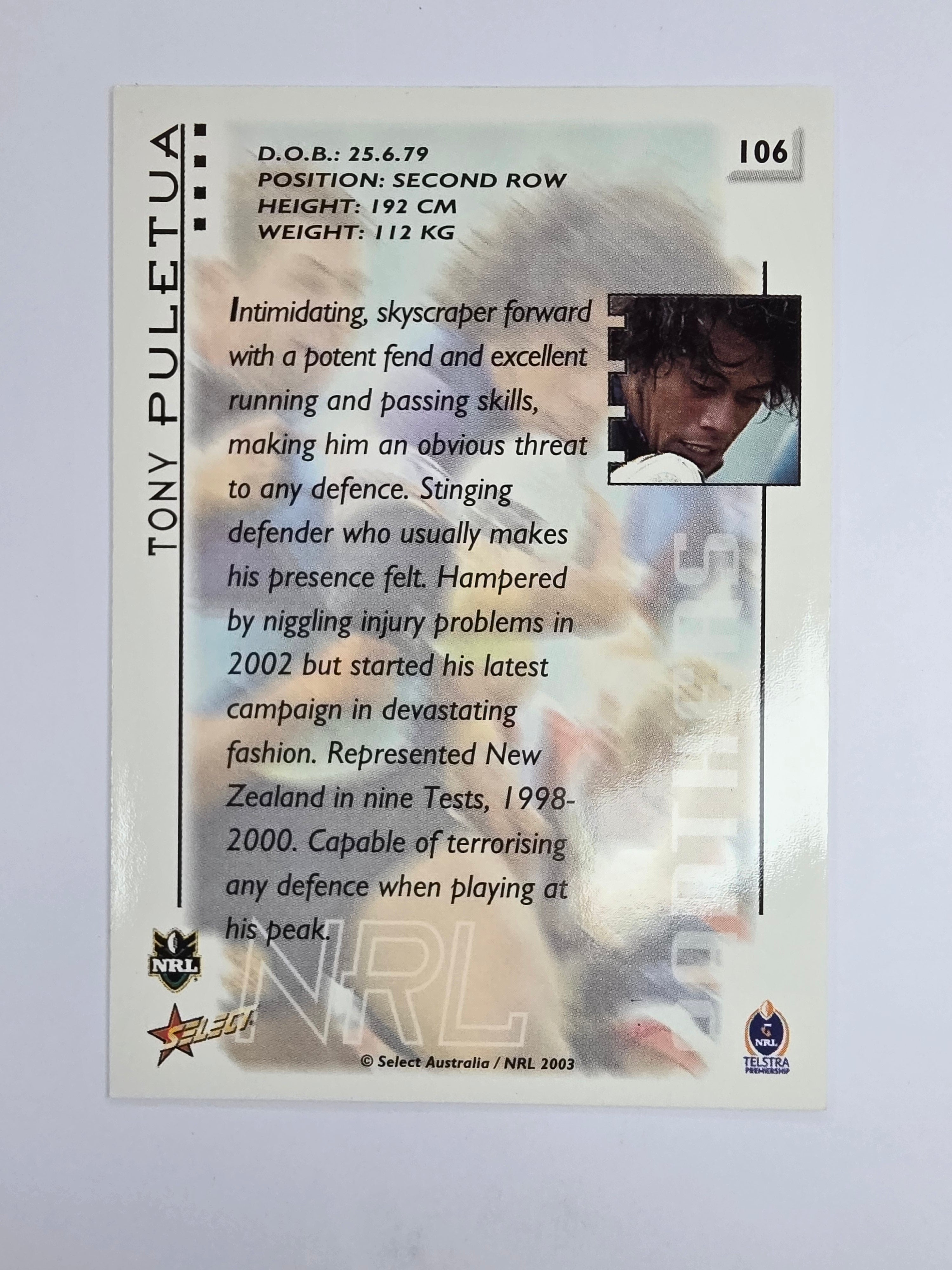 NRL 2003 Select XL Base Card #106 Tony Puletua Penrith Panthers