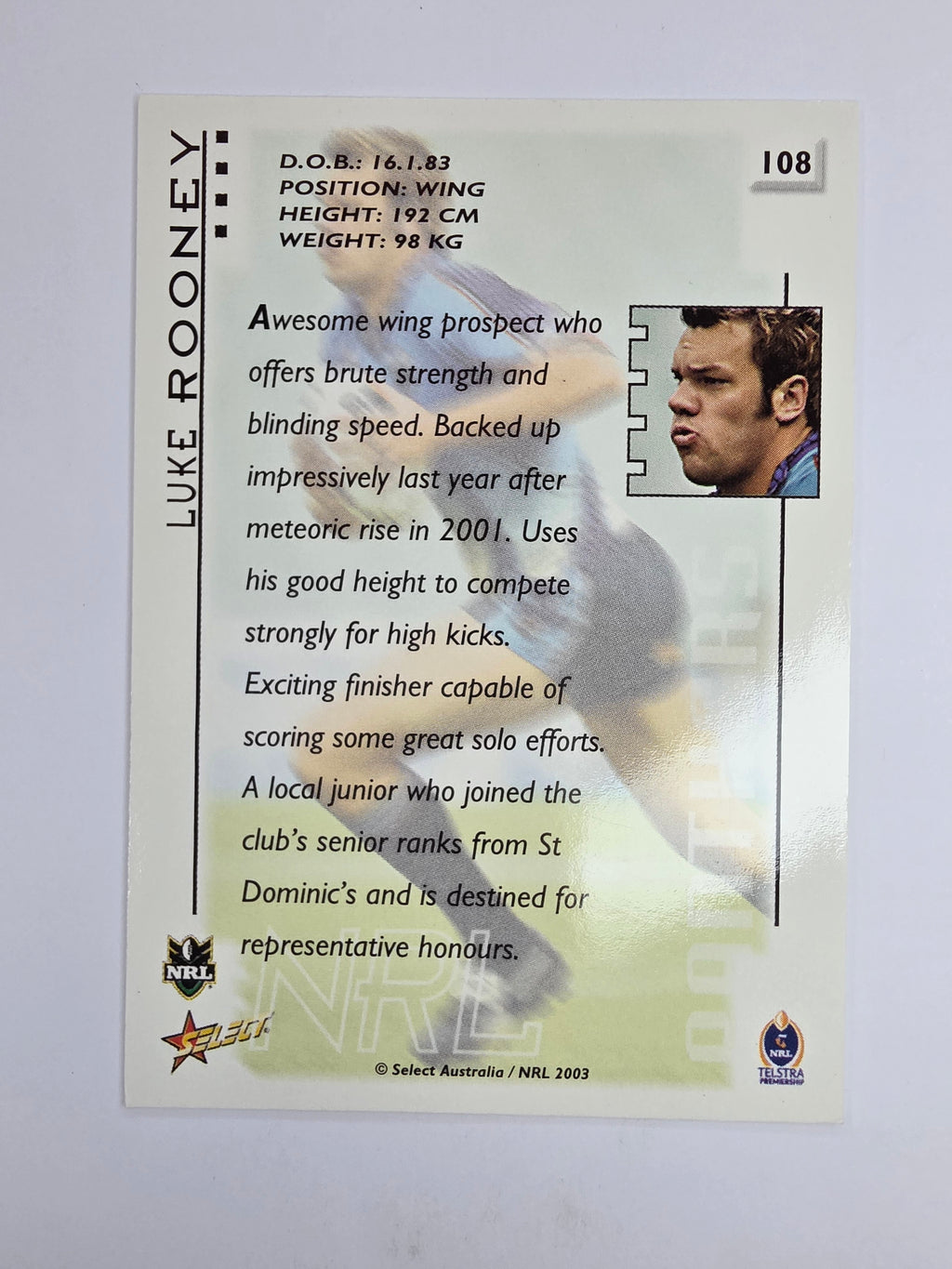 NRL 2003 Select XL Base Card #108 Luke Rooney Penrith Panthers