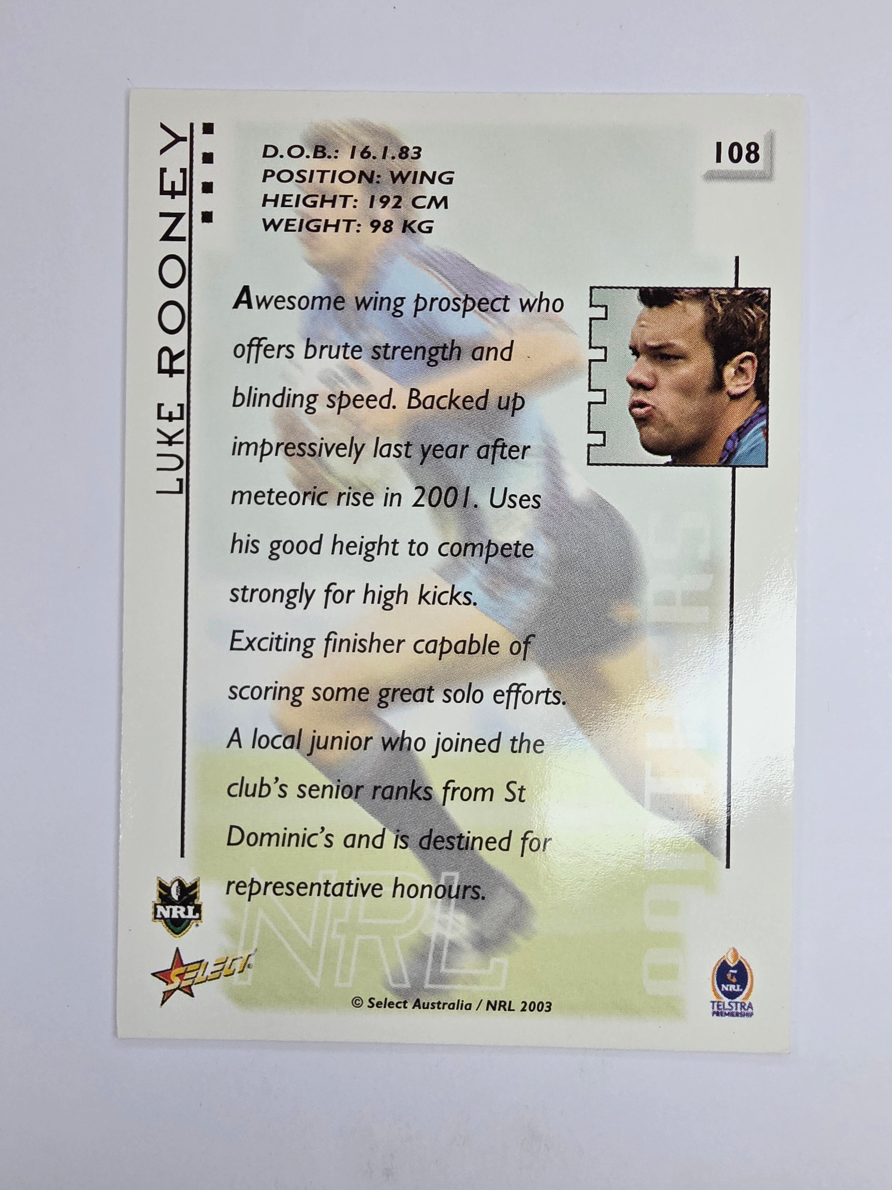 NRL 2003 Select XL Base Card #108 Luke Rooney Penrith Panthers