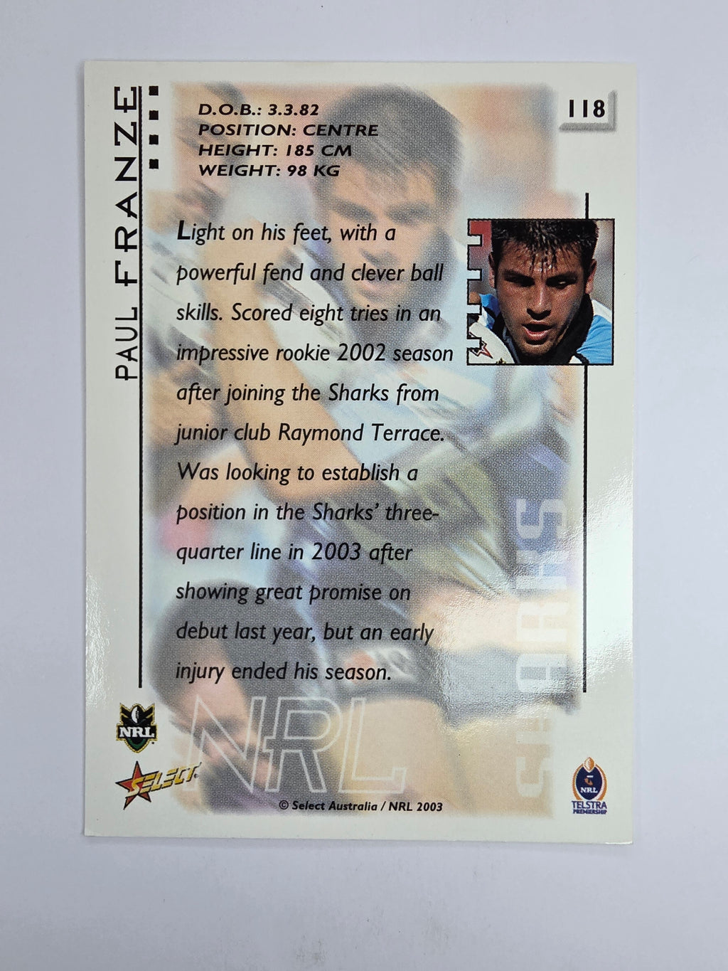 NRL 2003 Select XL Base Card #118 Paul Franze Cronulla Sutherland Sharks
