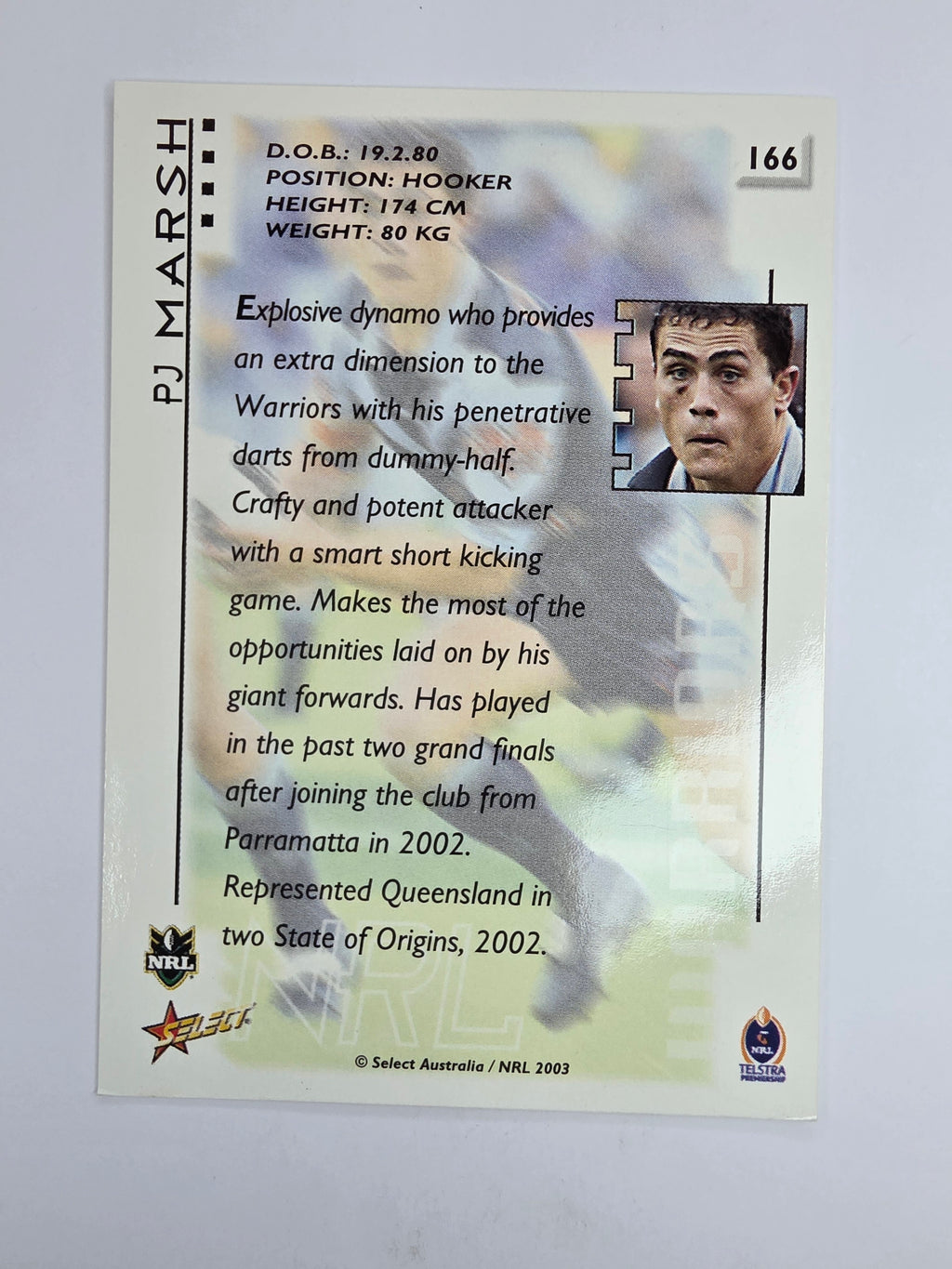 NRL 2003 Select XL Base Card #166 PJ Marsh New Zealand Warriors