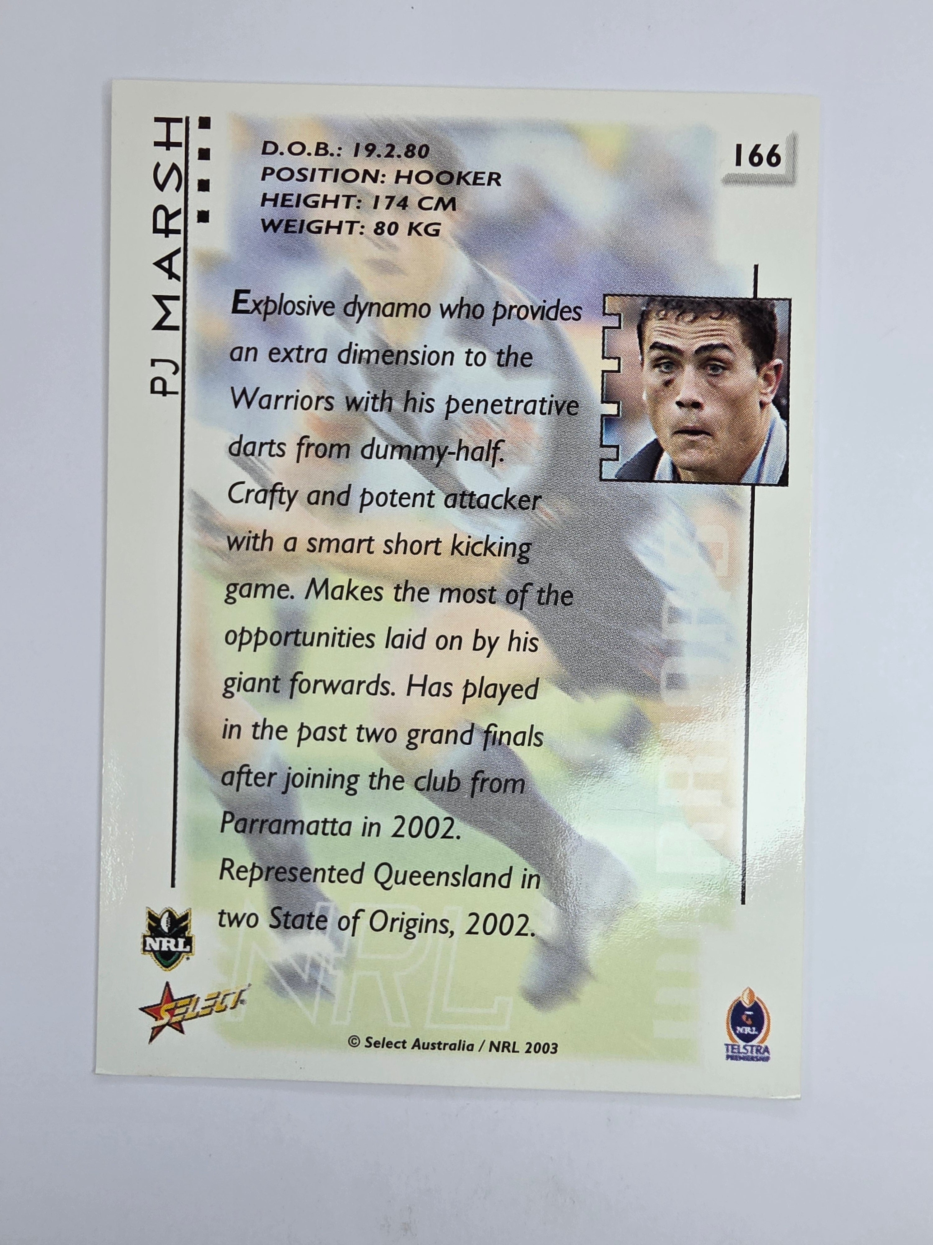 NRL 2003 Select XL Base Card #166 PJ Marsh New Zealand Warriors