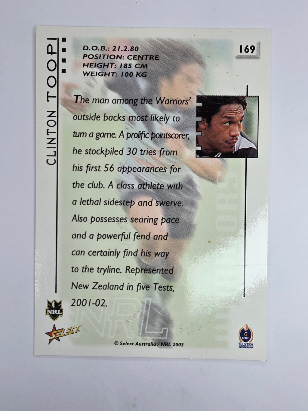 NRL 2003 Select XL Base Card #169 Clinton Toopi New Zealand Warriors