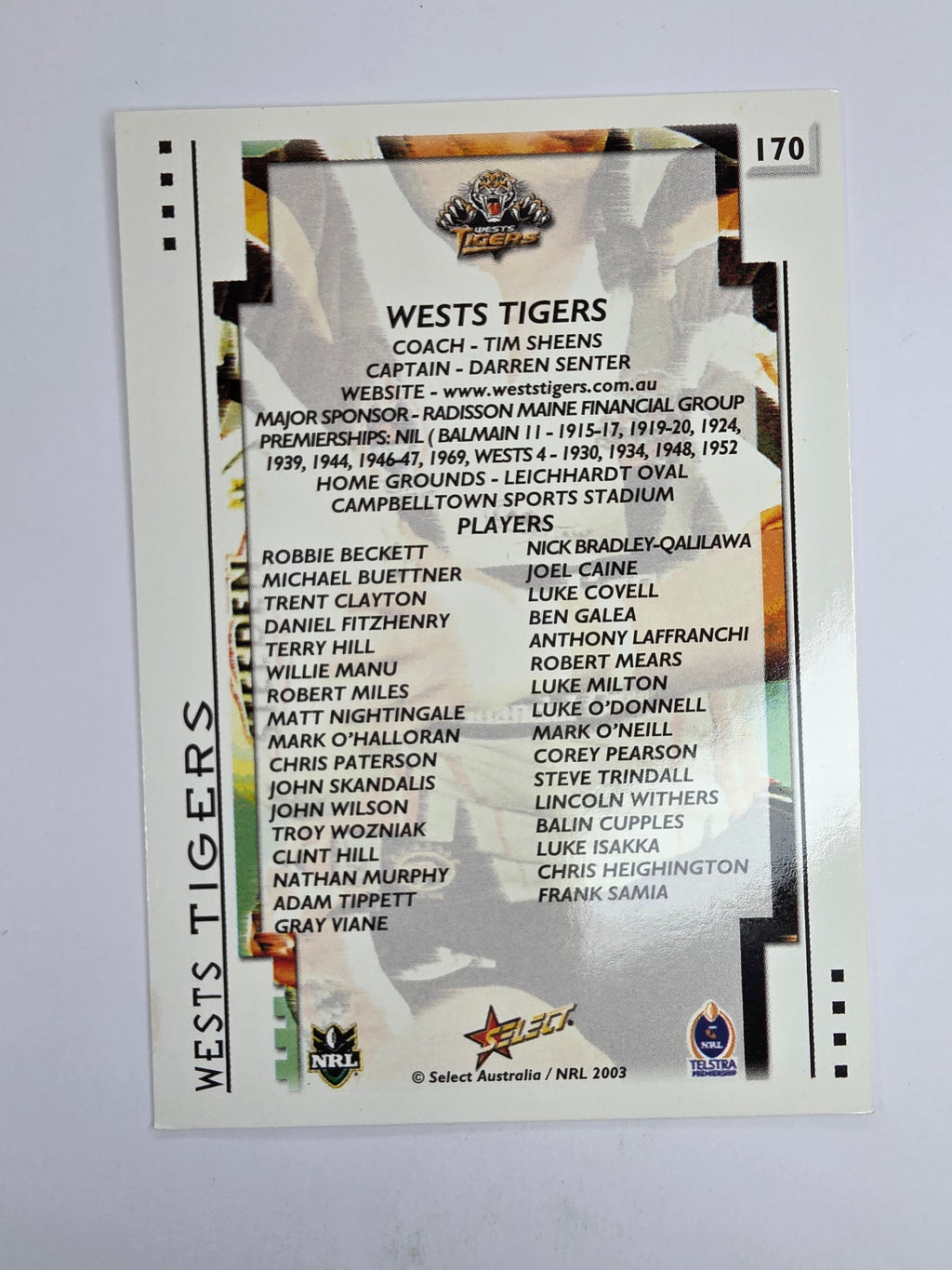 NRL 2003 Select XL Base Card #170 Wests Tigers Logo