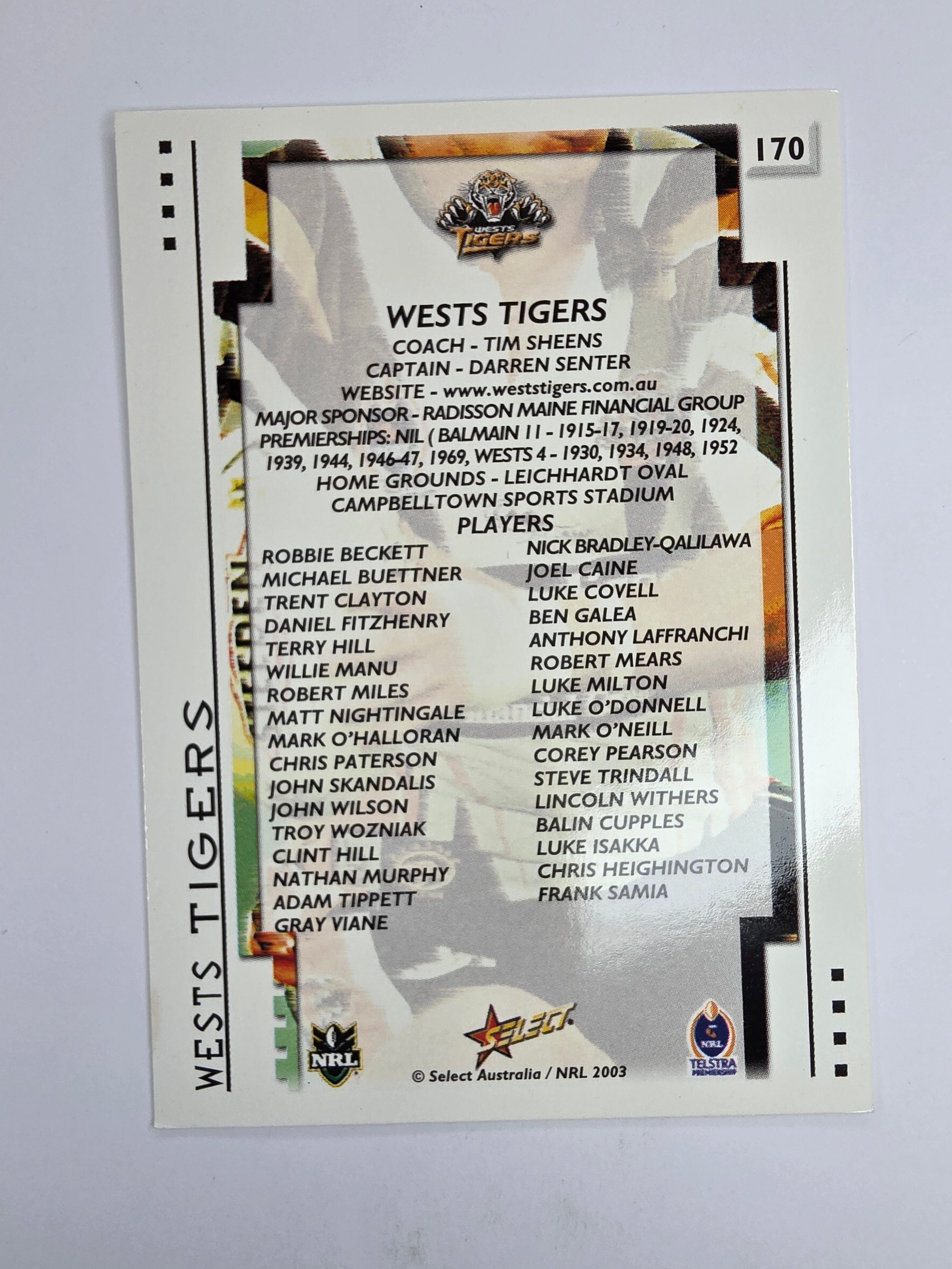 NRL 2003 Select XL Base Card #170 Wests Tigers Logo