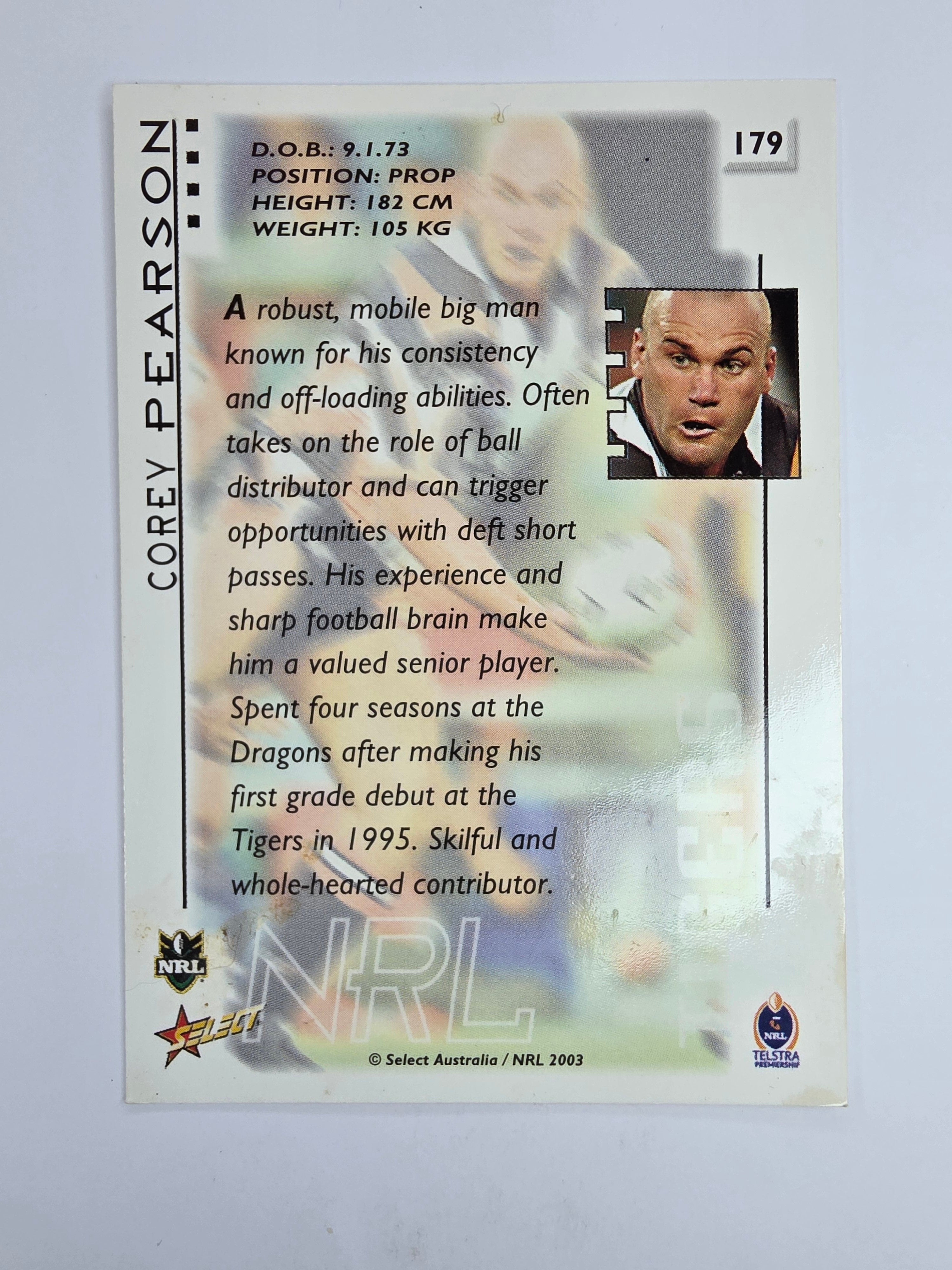 NRL 2003 Select XL Base Card #179 Corey Pearson Wests Tigers