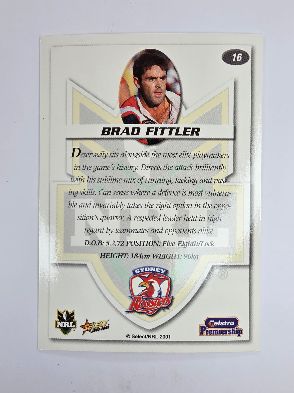 NRL 2001 Impact Base Card #16 Brad Fittler Sydney Roosters