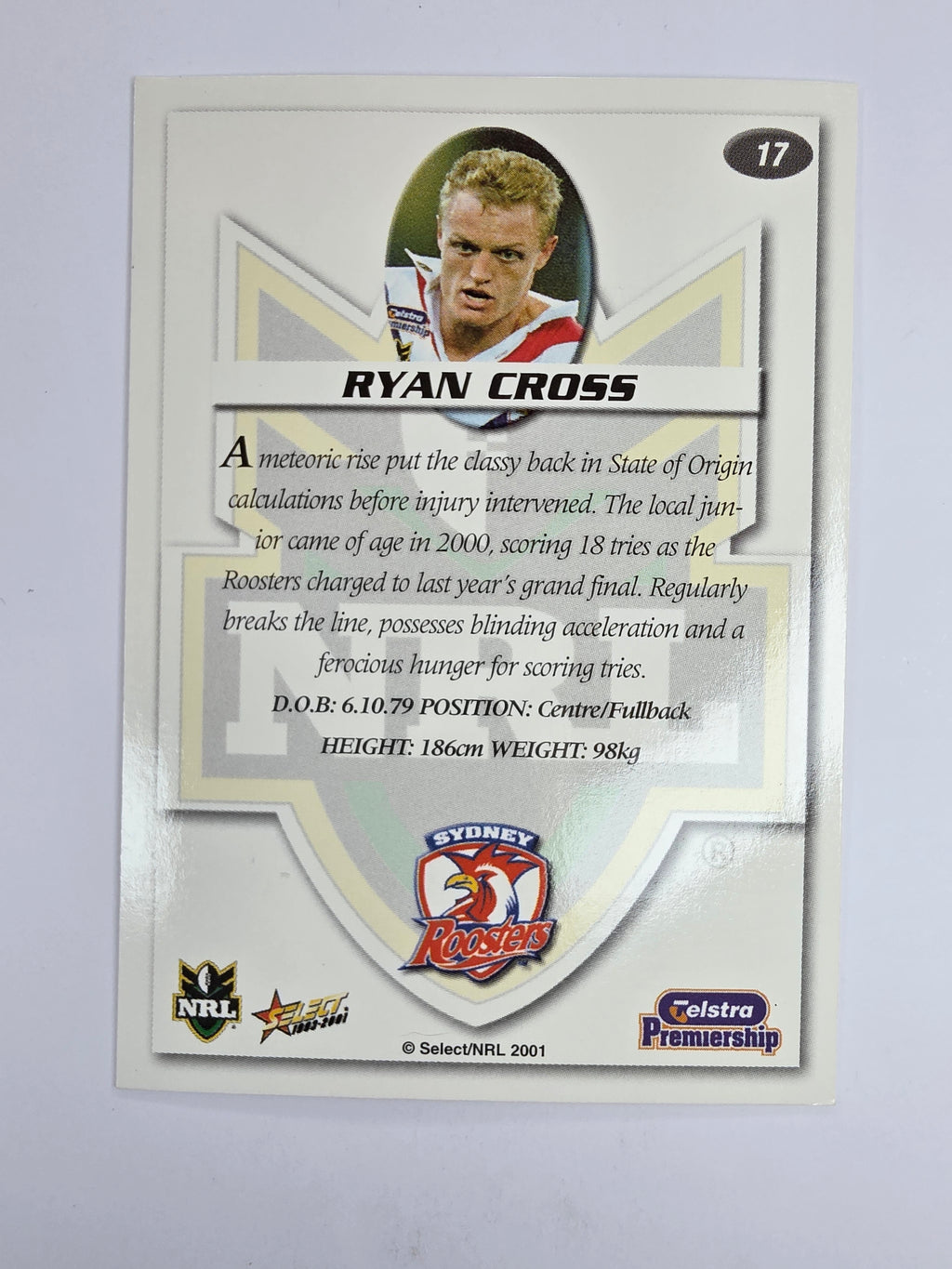 NRL 2001 Impact Base Card #17 Ryan Cross Sydney Roosters