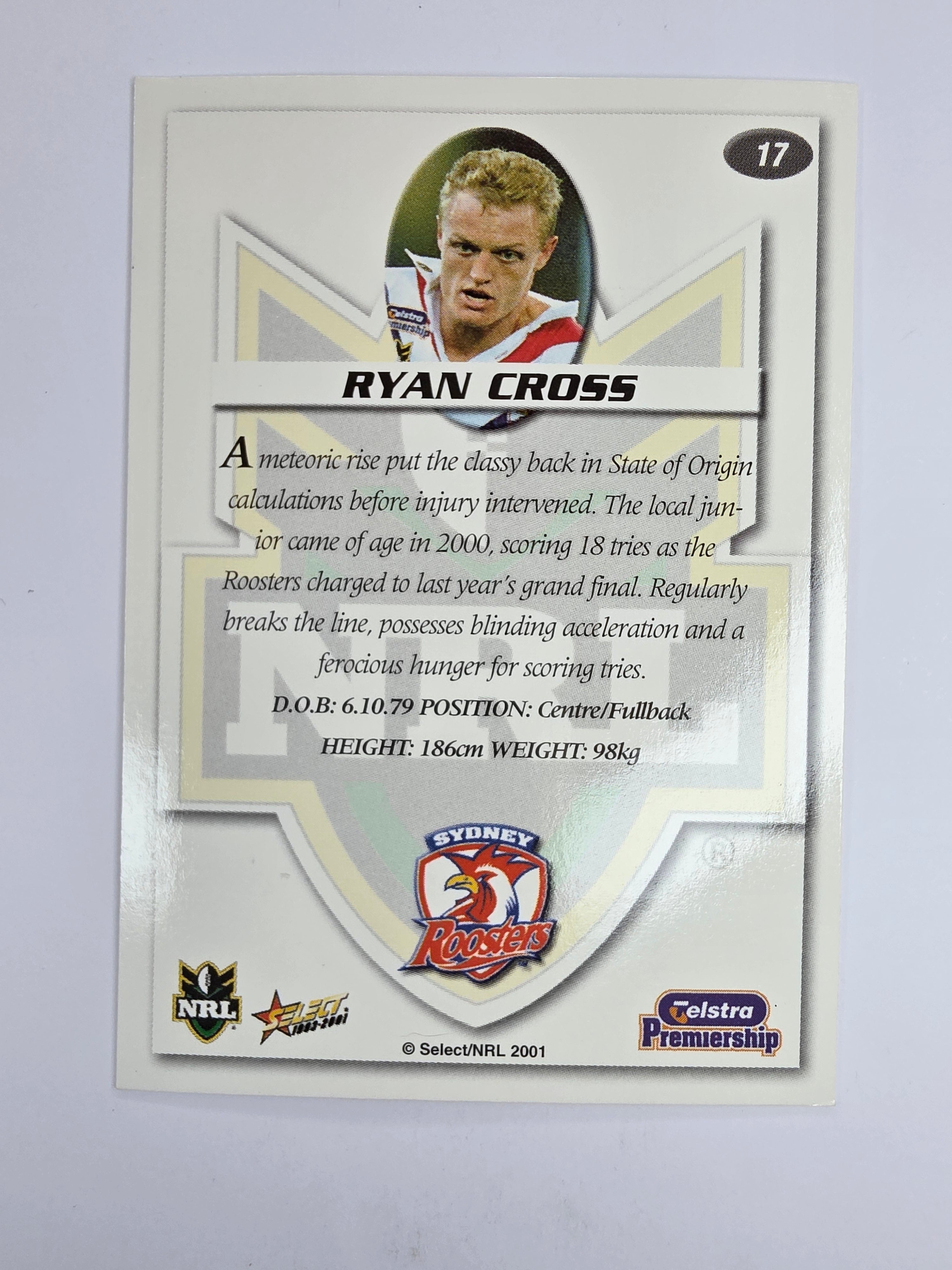 NRL 2001 Impact Base Card #17 Ryan Cross Sydney Roosters