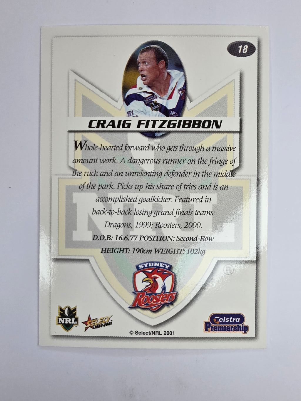 NRL 2001 Impact Base Card #18 Craig Fitzgibbon Sydney Roosters