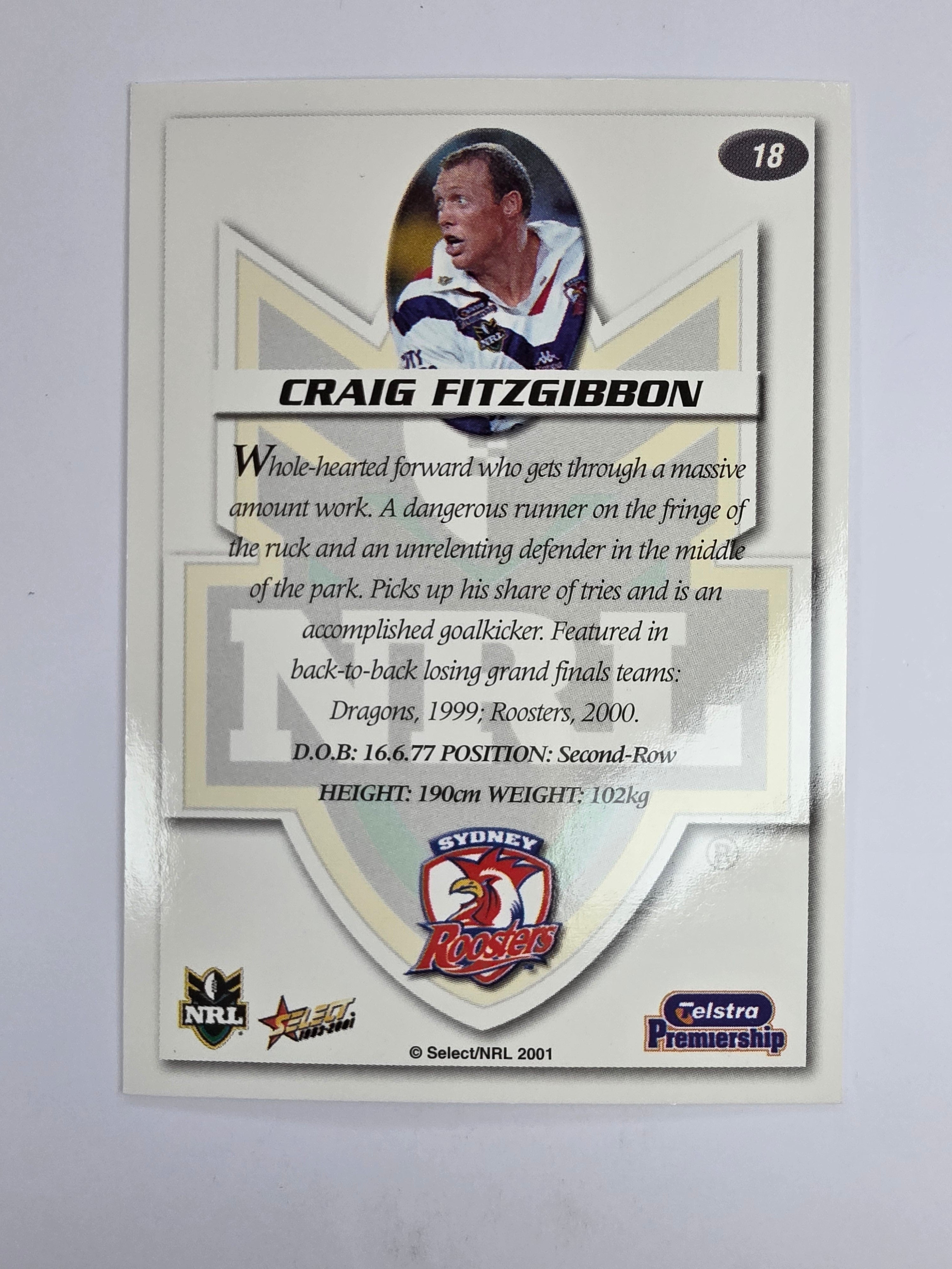 NRL 2001 Impact Base Card #18 Craig Fitzgibbon Sydney Roosters