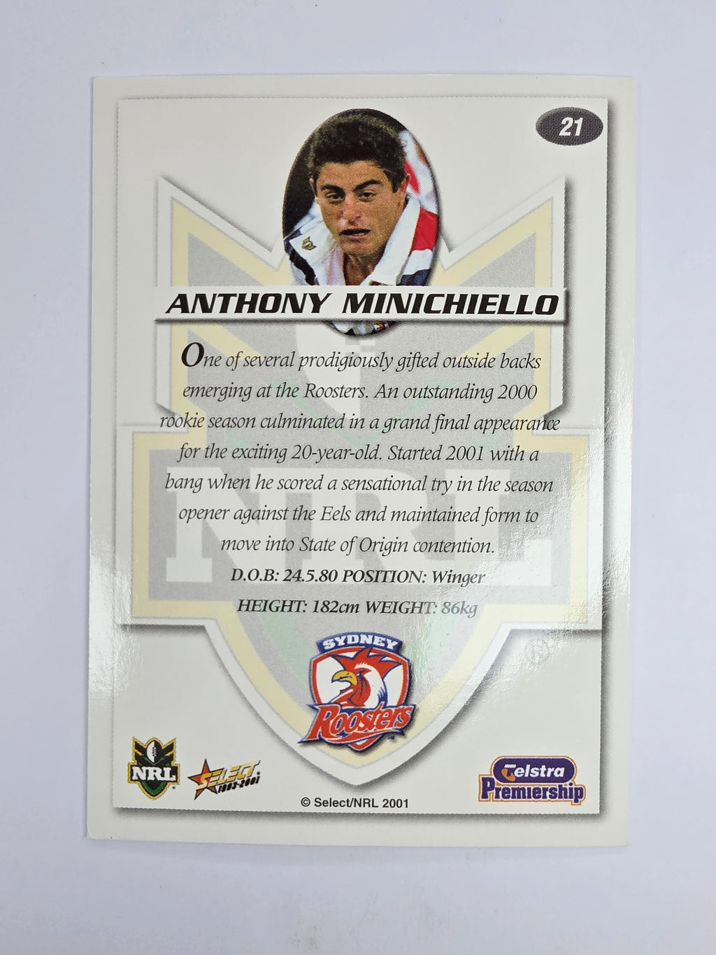NRL 2001 Impact Base Card #21 Anthony Minichiello Sydney Roosters