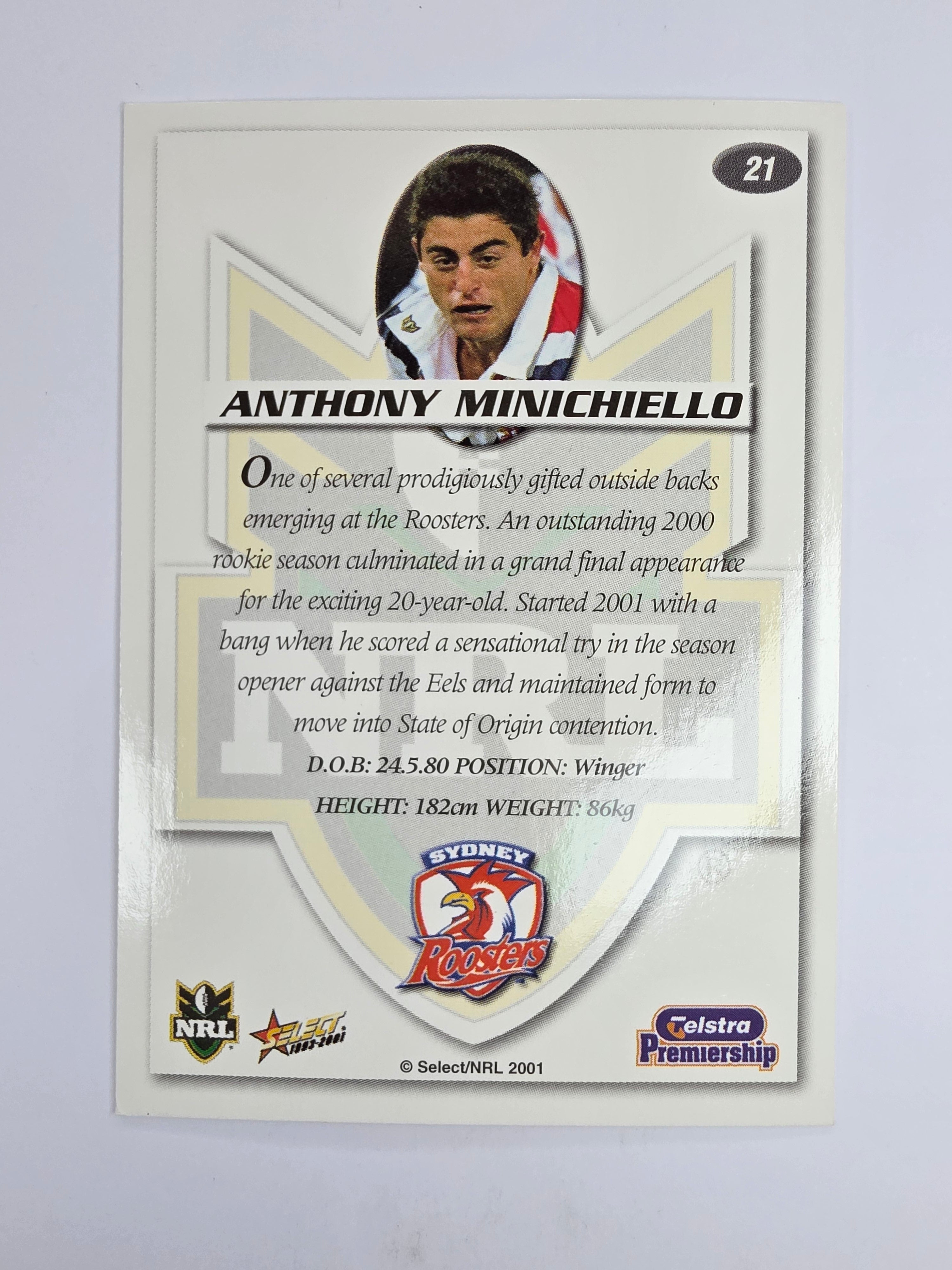 NRL 2001 Impact Base Card #21 Anthony Minichiello Sydney Roosters