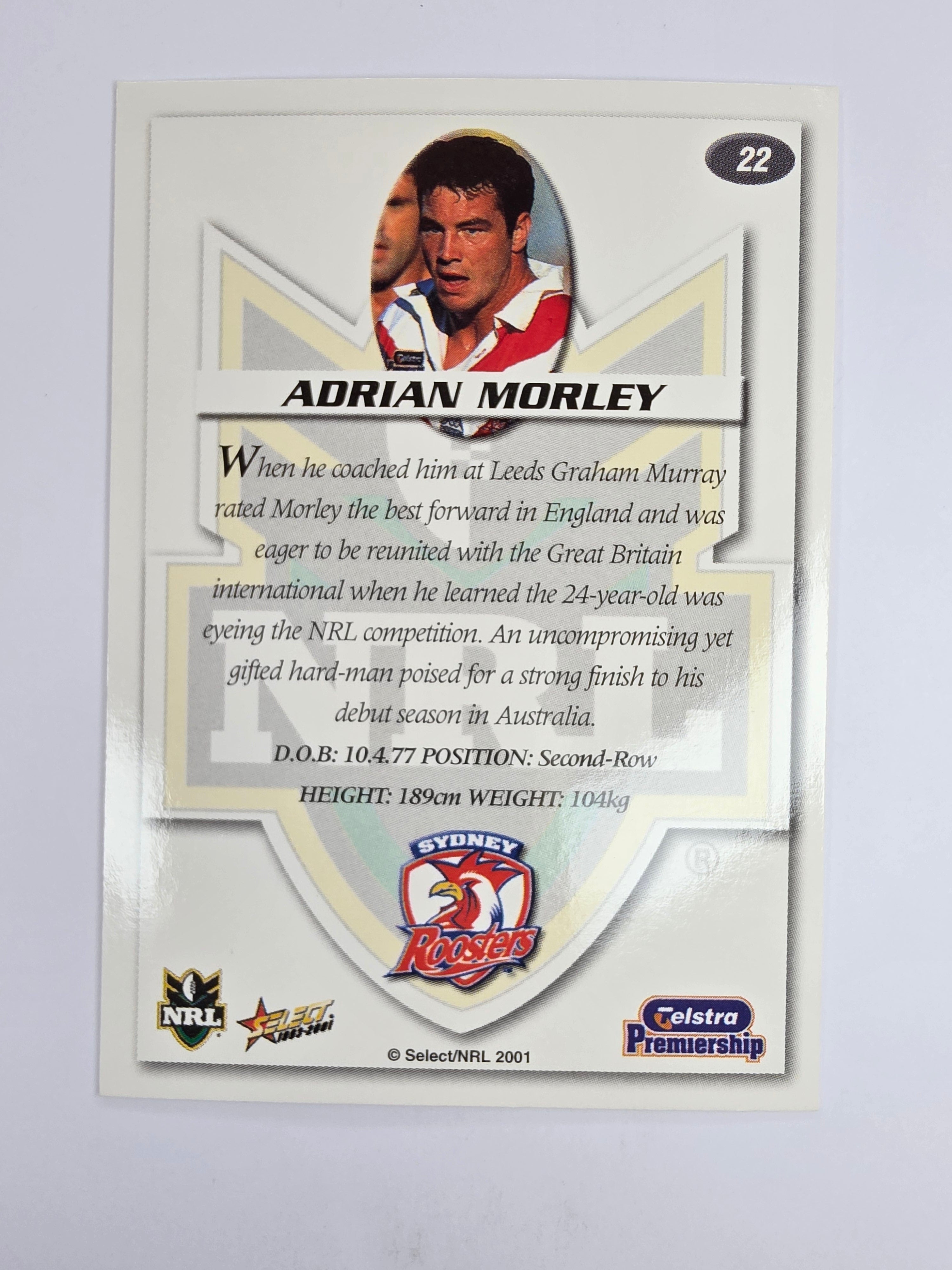 NRL 2001 Impact Base Card #22 Adrian Morley Sydney Roosters