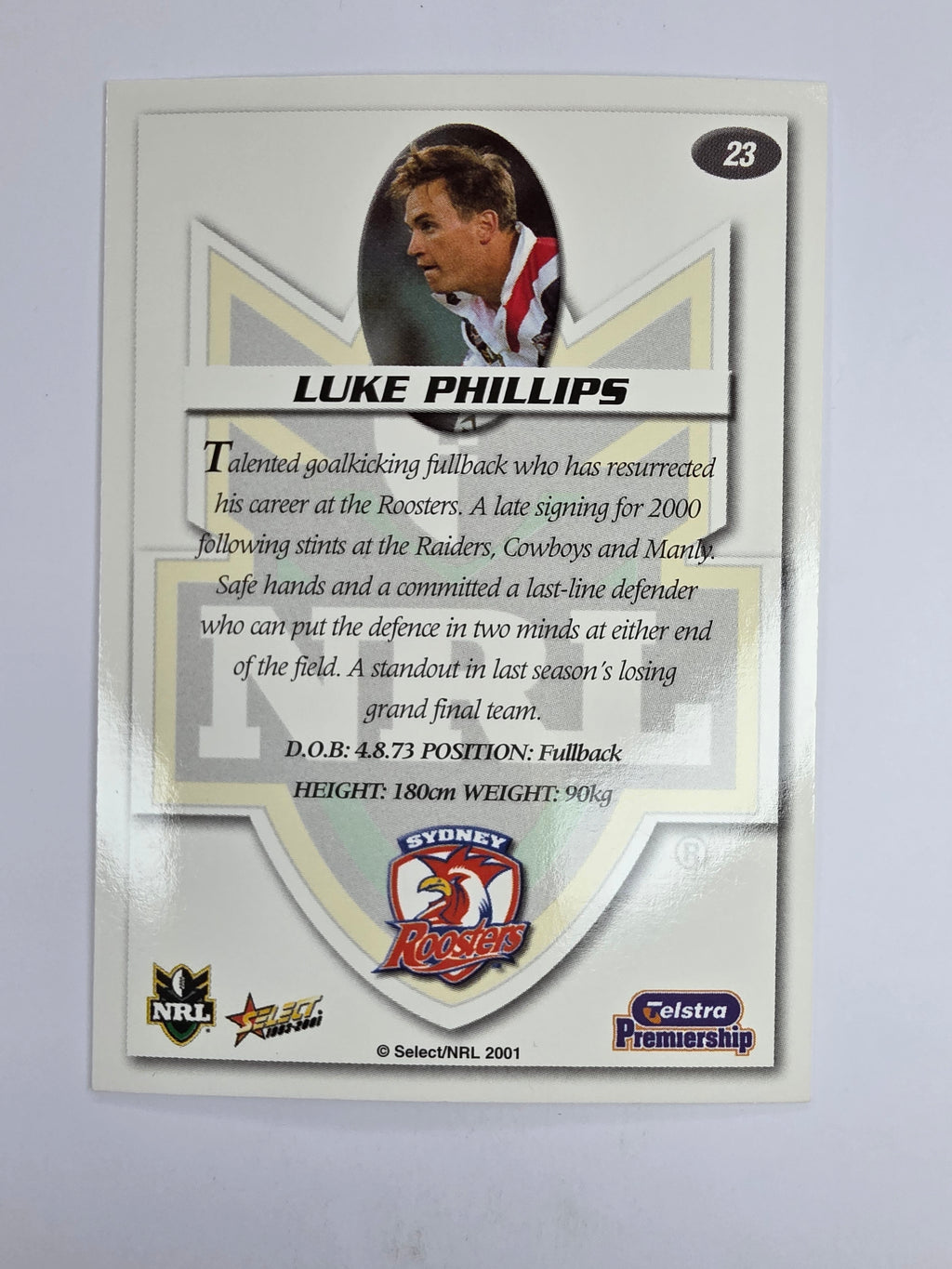 NRL 2001 Impact Base Card #23 Luke Phillips Sydney Roosters