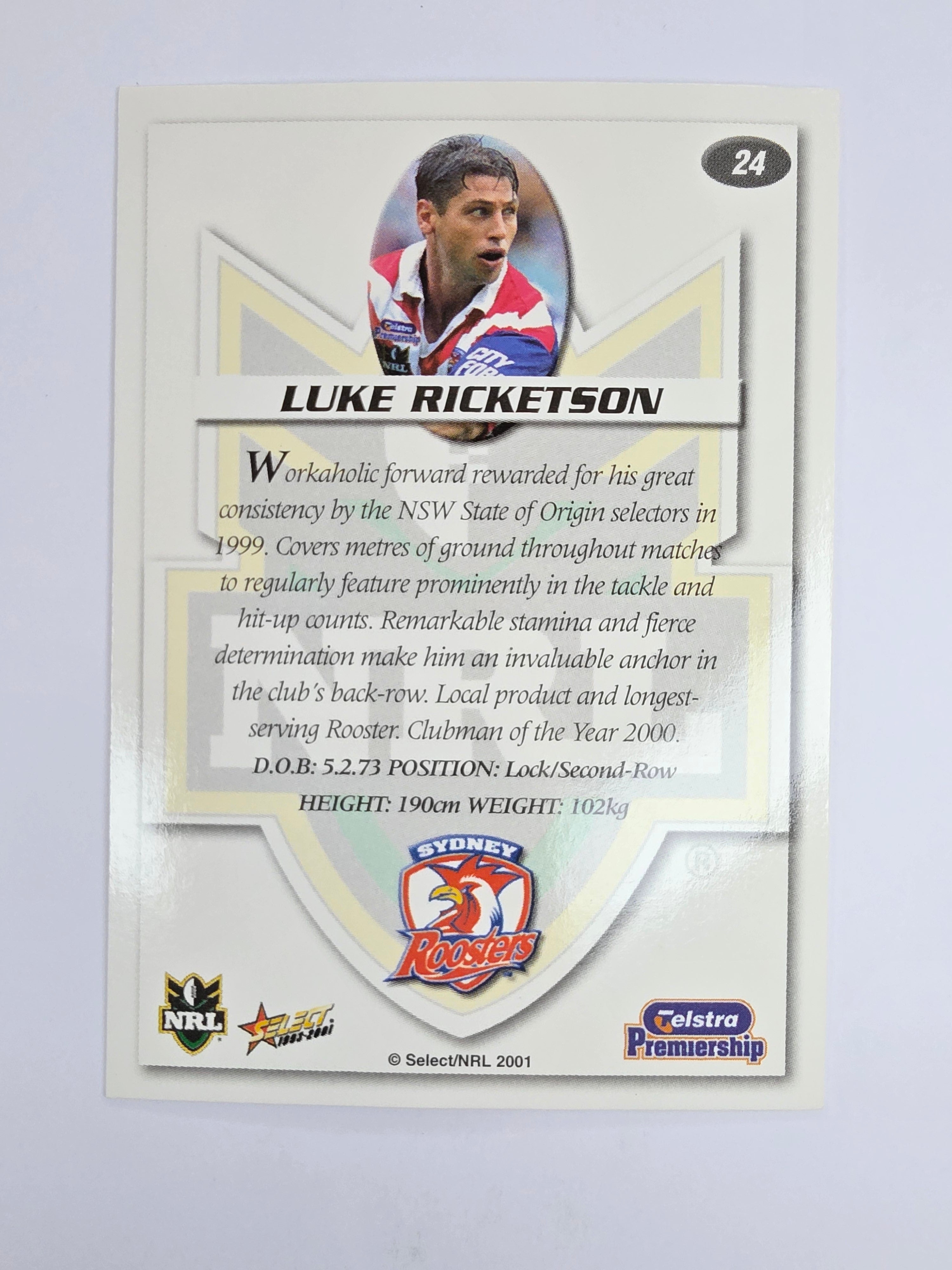 NRL 2001 Impact Base Card #24 Luke Ricketson Sydney Roosters