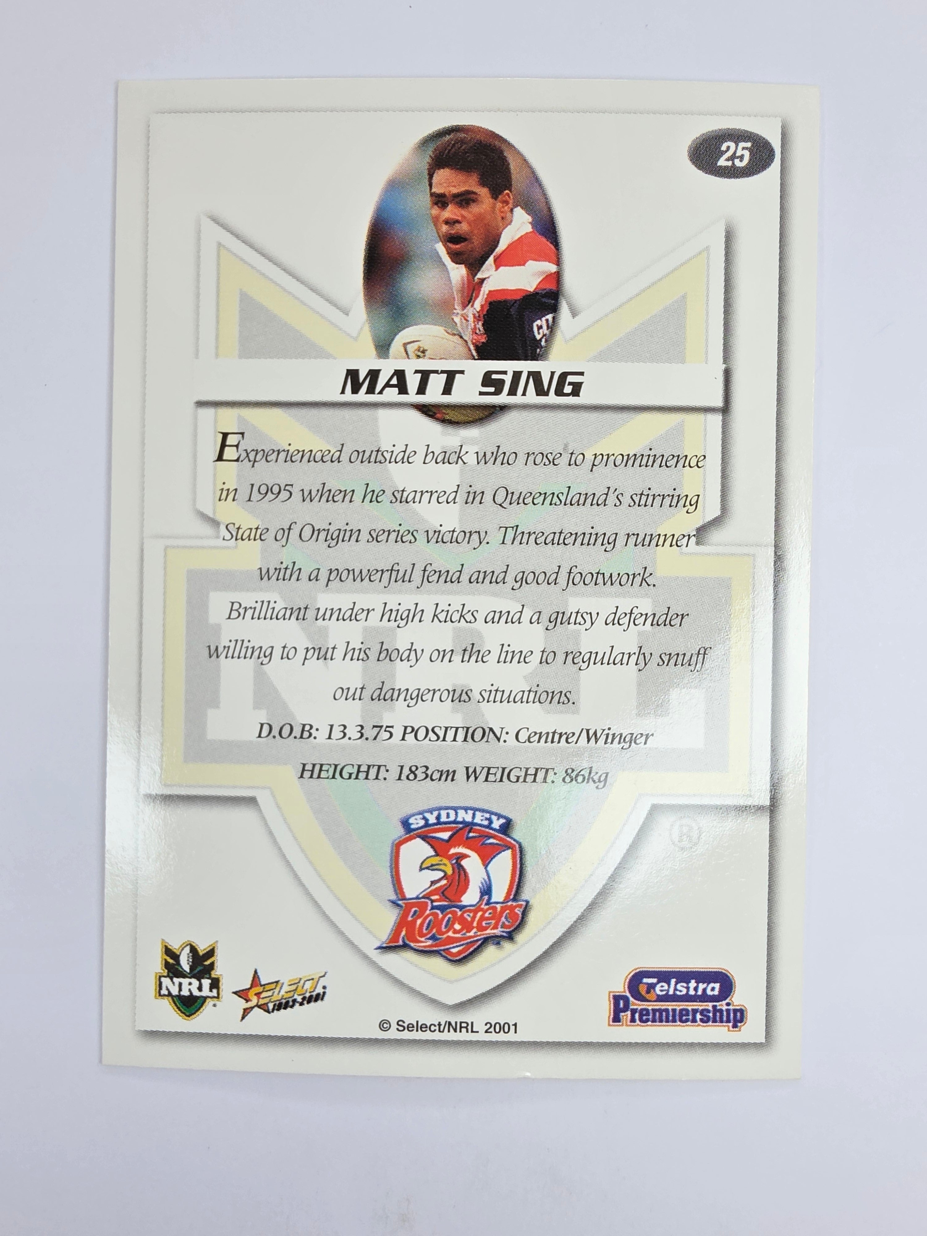 NRL 2001 Impact Base Card #25 Matt Sing Sydney Roosters