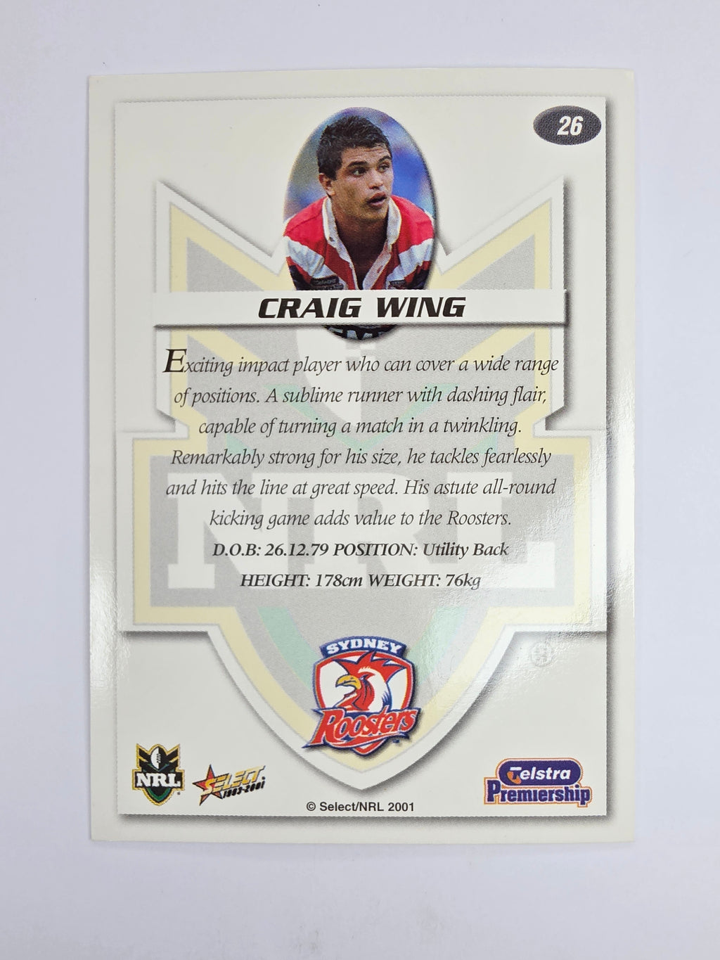 NRL 2001 Impact Base Card #26 Craig Wing Sydney Roosters