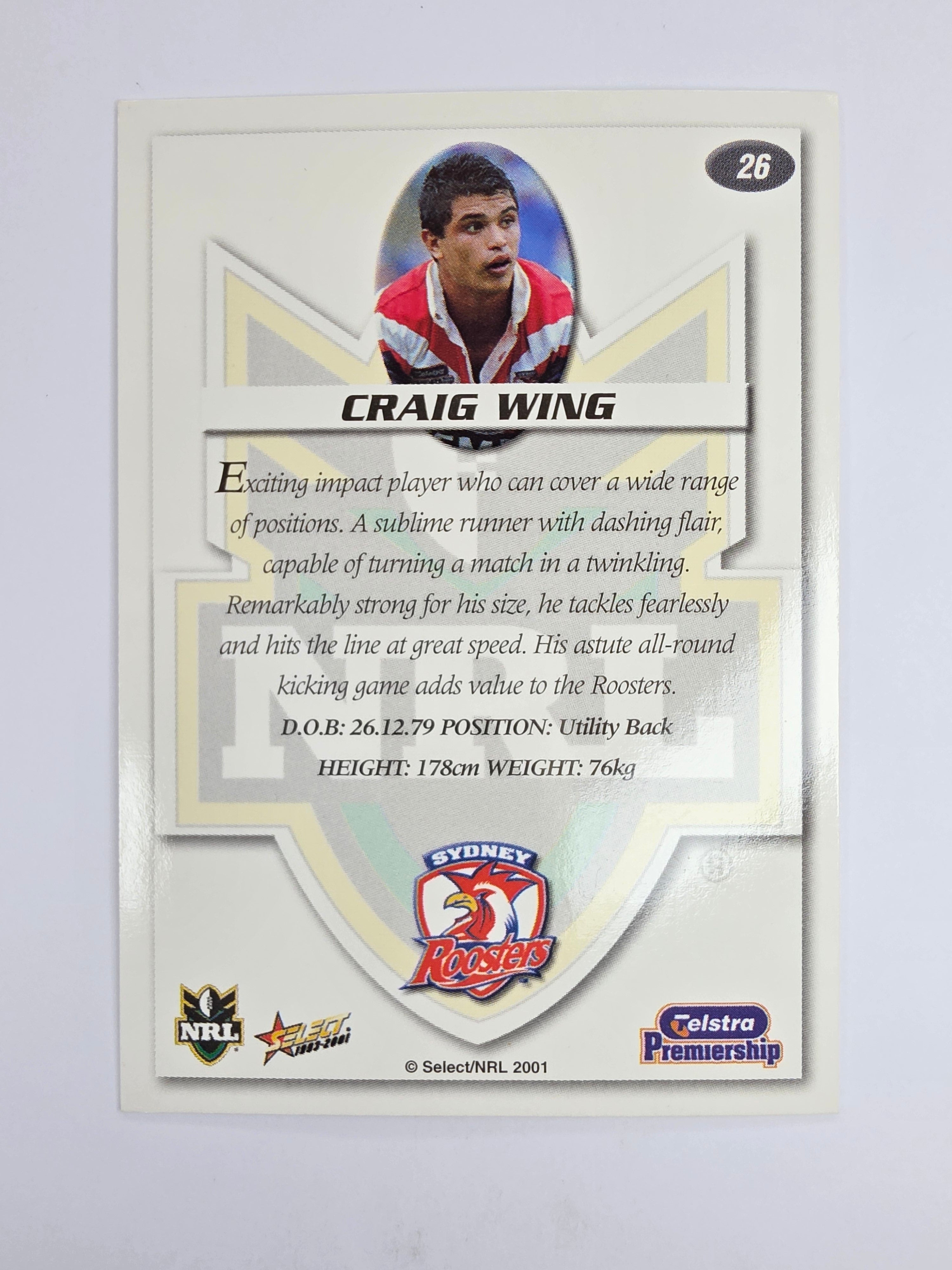 NRL 2001 Impact Base Card #26 Craig Wing Sydney Roosters