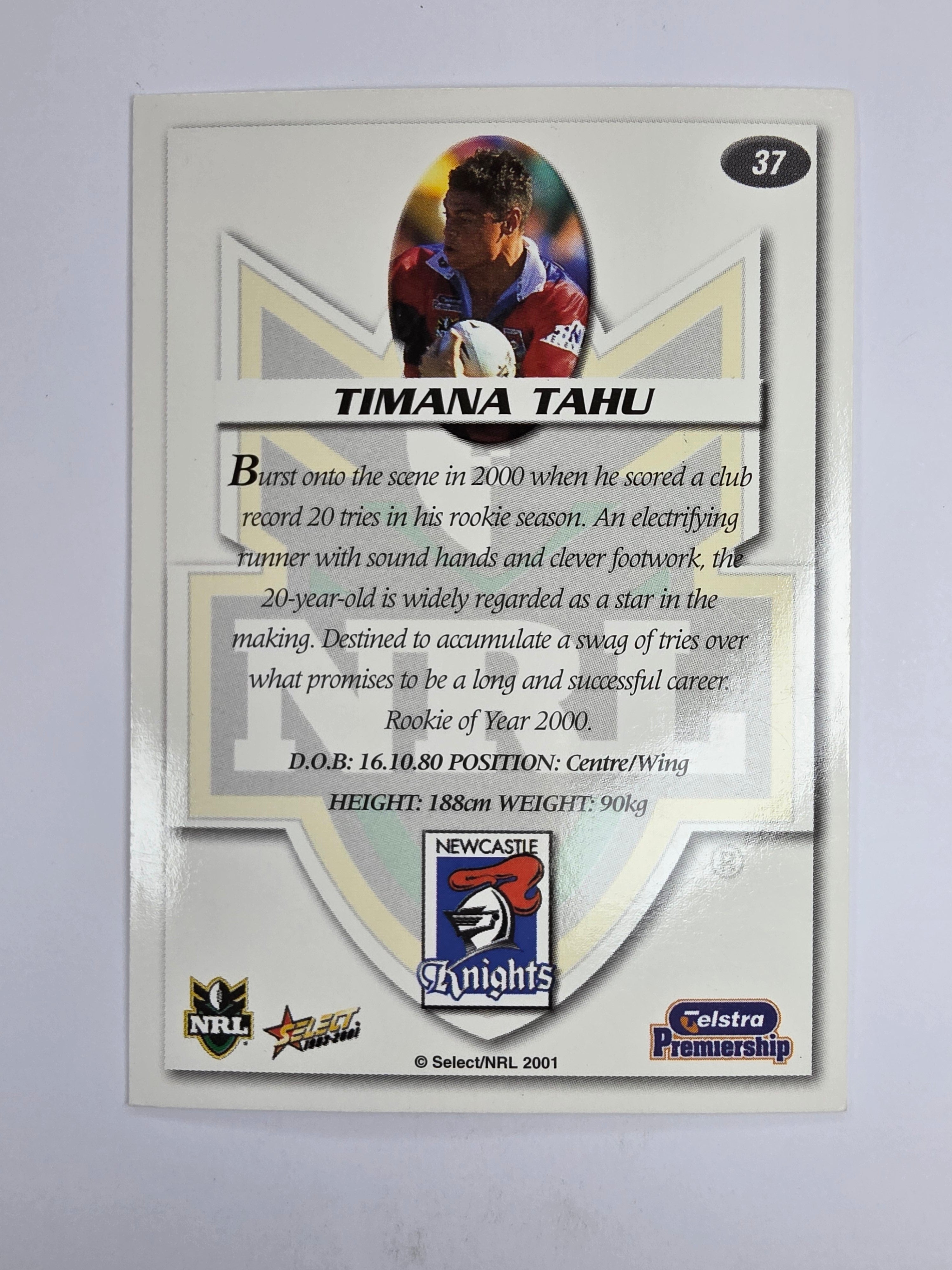 NRL 2001 Impact Base Card #37 Timana Tahu Newcastle Knights